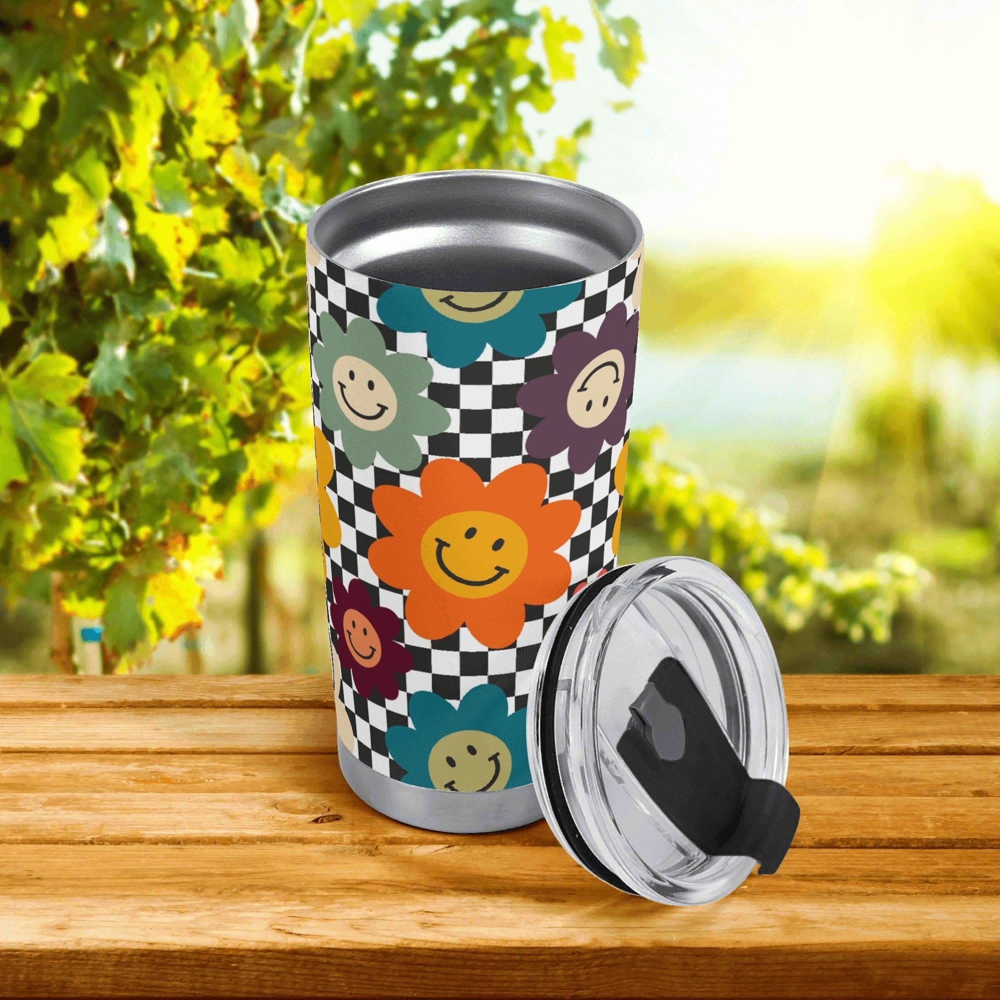 Personalised - Happy Retro Flowers - Stainless Steel 20oz Travel Mug Personalised 20oz Travel Mug Printed Offshore Retro