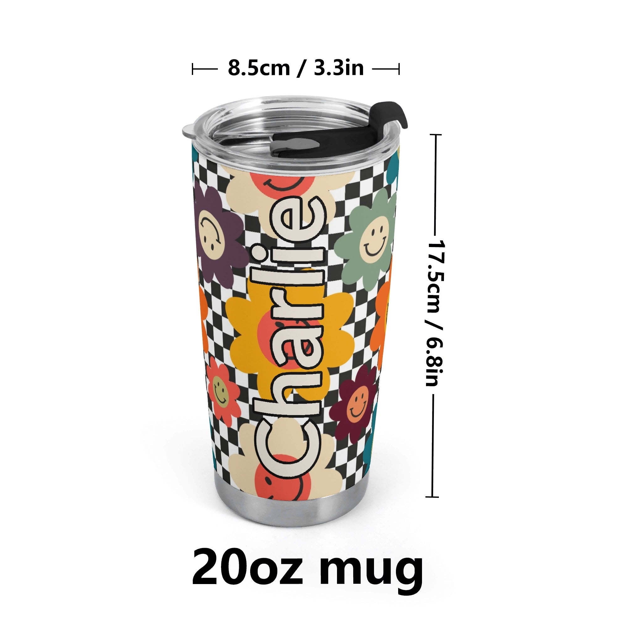 Personalised Happy Retro Flowers Stainless Steel 20oz Travel Mug Personalised 20oz Travel Mug Printed Offshore Retro
