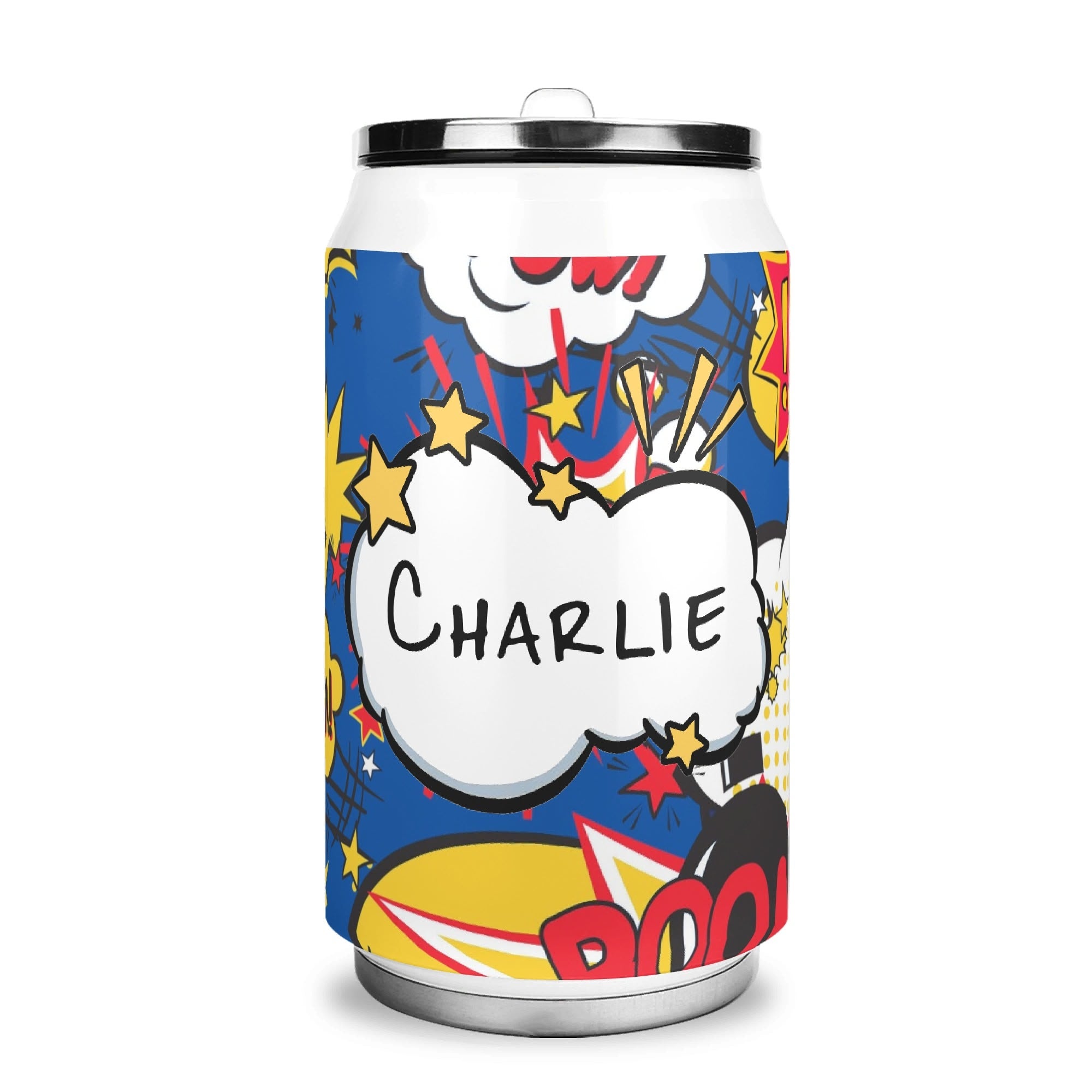 Personalised - Comic Book Blue - 300ml Stainless Steel Can Shaped Tumbler With Straw Lid Default Title Personalised 300ml Can Shaped Tumbler comic Printed Offshore