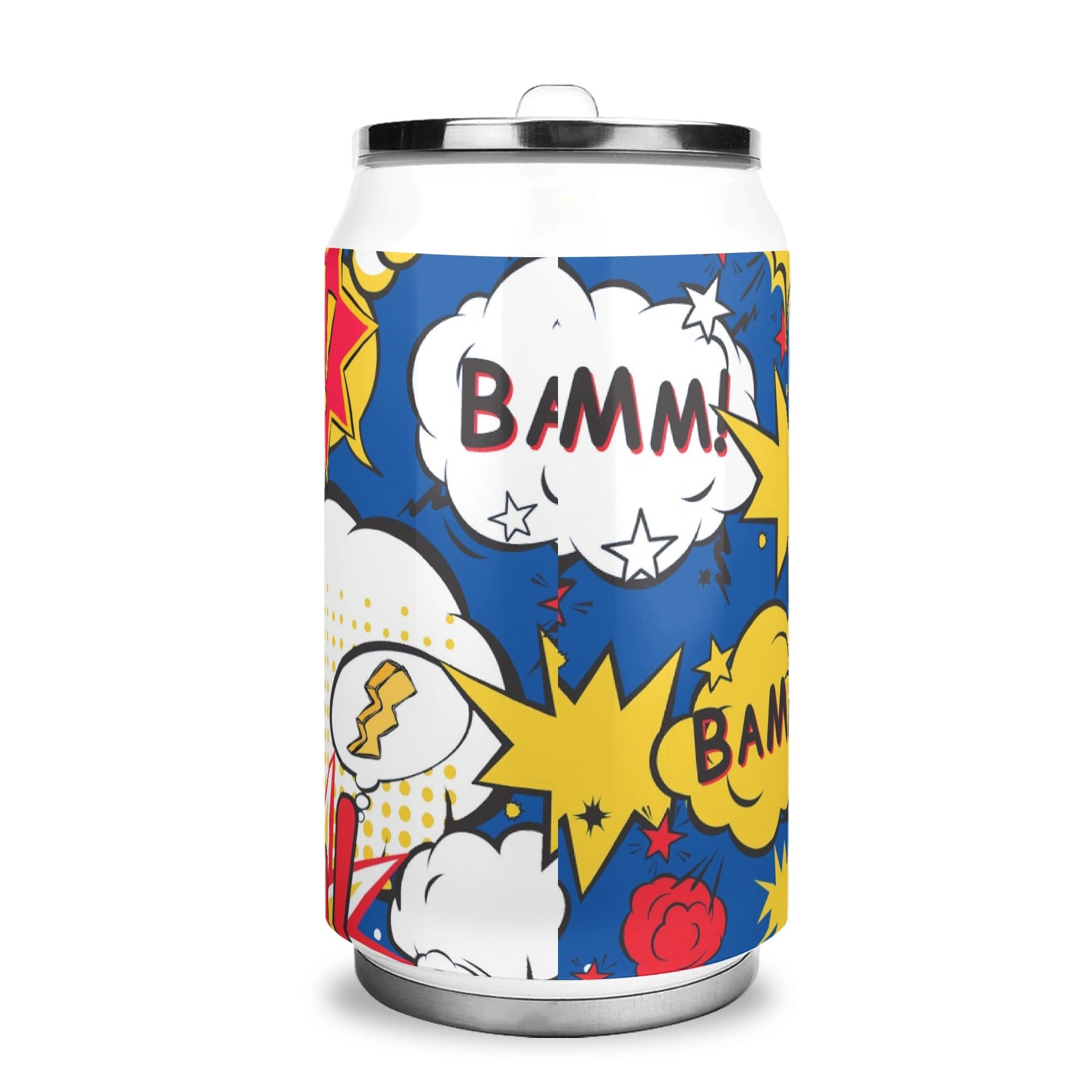 Personalised - Comic Book Blue - 300ml Stainless Steel Can Shaped Tumbler With Straw Lid Personalised 300ml Can Shaped Tumbler comic Printed Offshore