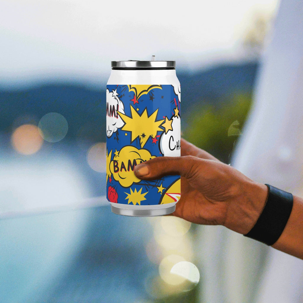 Personalised Comic Book Blue 300ml Stainless Steel Can Shaped Tumbler With Straw Lid Personalised 300ml Can Shaped Tumbler comic Printed Offshore