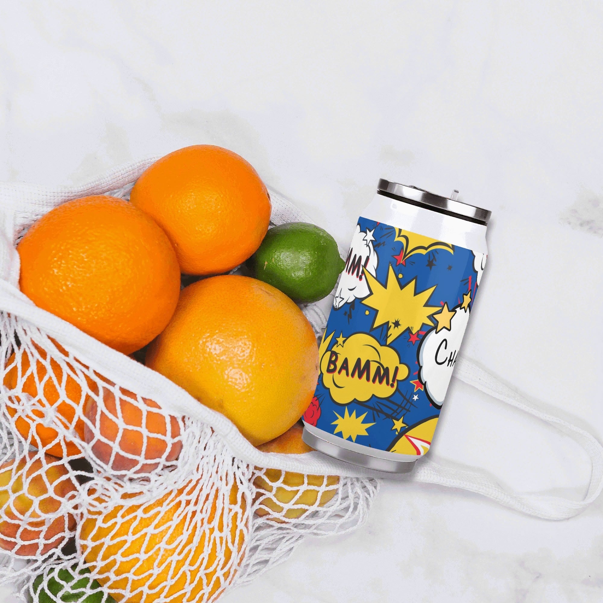 Personalised Comic Book Blue 300ml Stainless Steel Can Shaped Tumbler With Straw Lid Personalised 300ml Can Shaped Tumbler comic Printed Offshore