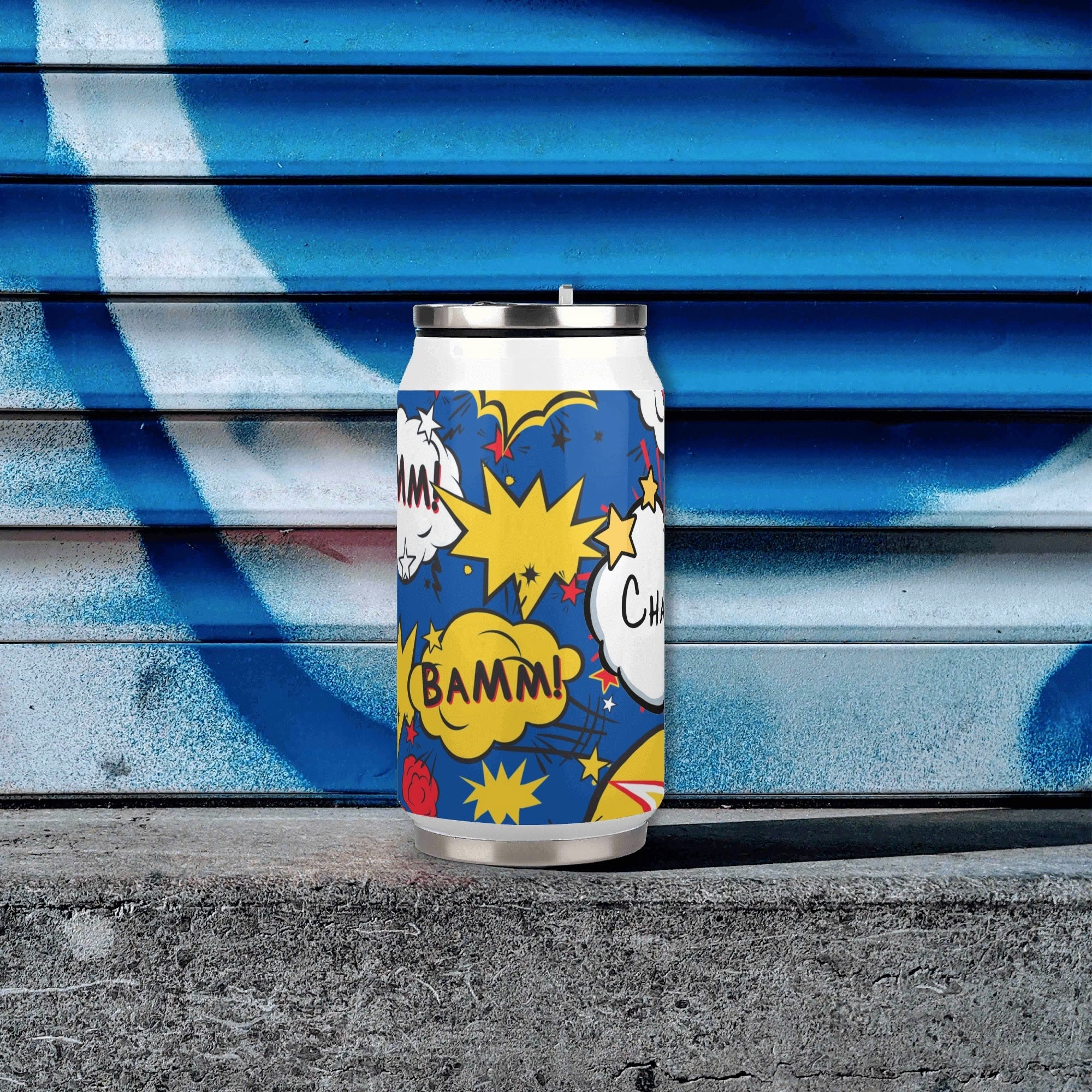 Personalised Comic Book Blue 300ml Stainless Steel Can Shaped Tumbler With Straw Lid Personalised 300ml Can Shaped Tumbler comic Printed Offshore