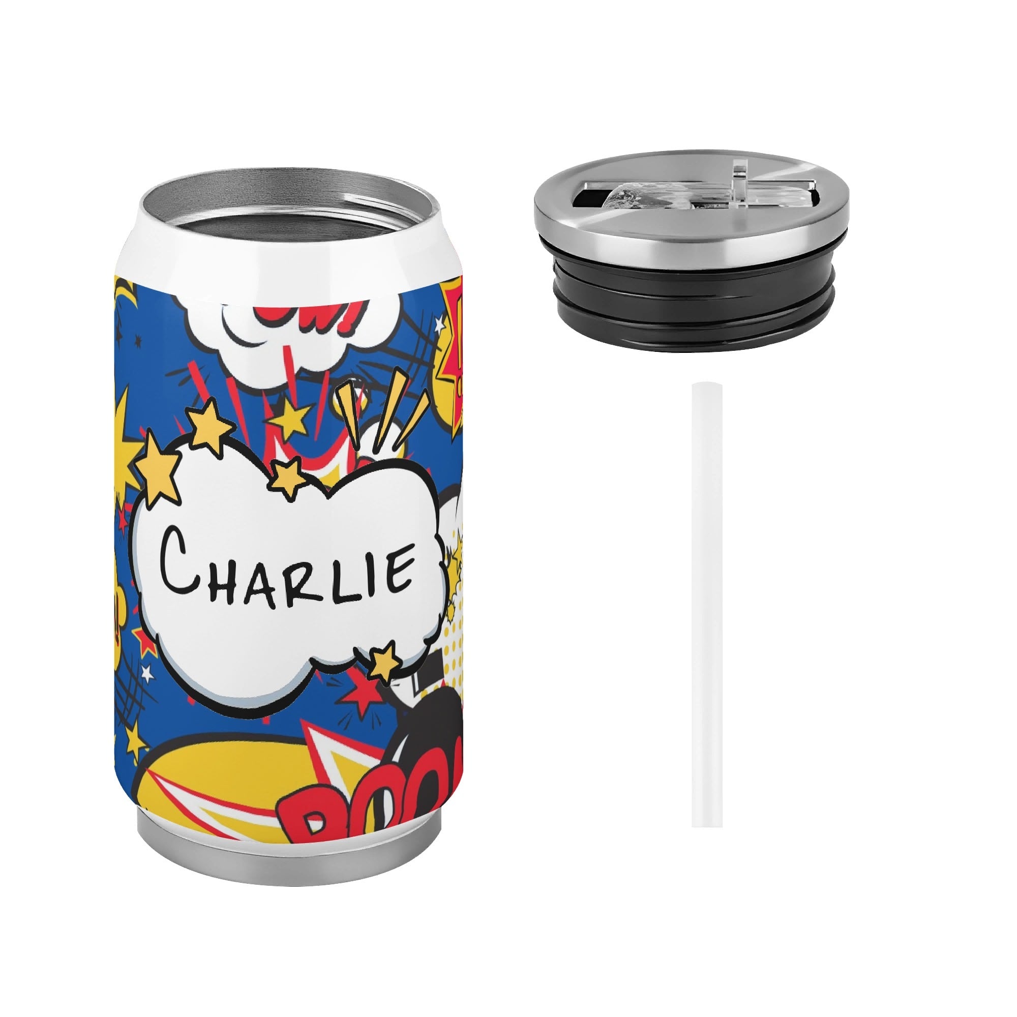 Personalised Comic Book Blue 300ml Stainless Steel Can Shaped Tumbler With Straw Lid Personalised 300ml Can Shaped Tumbler comic Printed Offshore