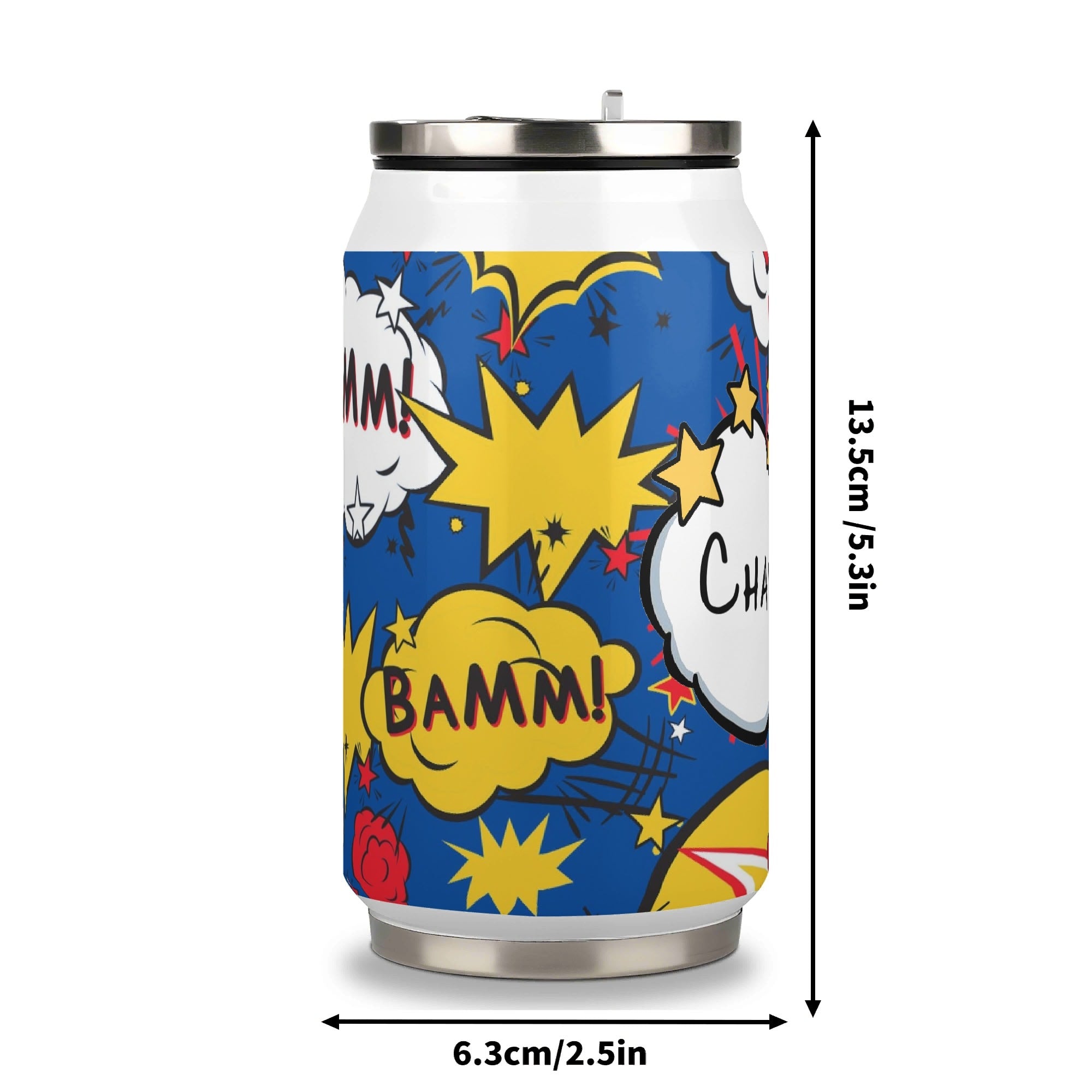 Personalised Comic Book Blue 300ml Stainless Steel Can Shaped Tumbler With Straw Lid Personalised 300ml Can Shaped Tumbler comic Printed Offshore