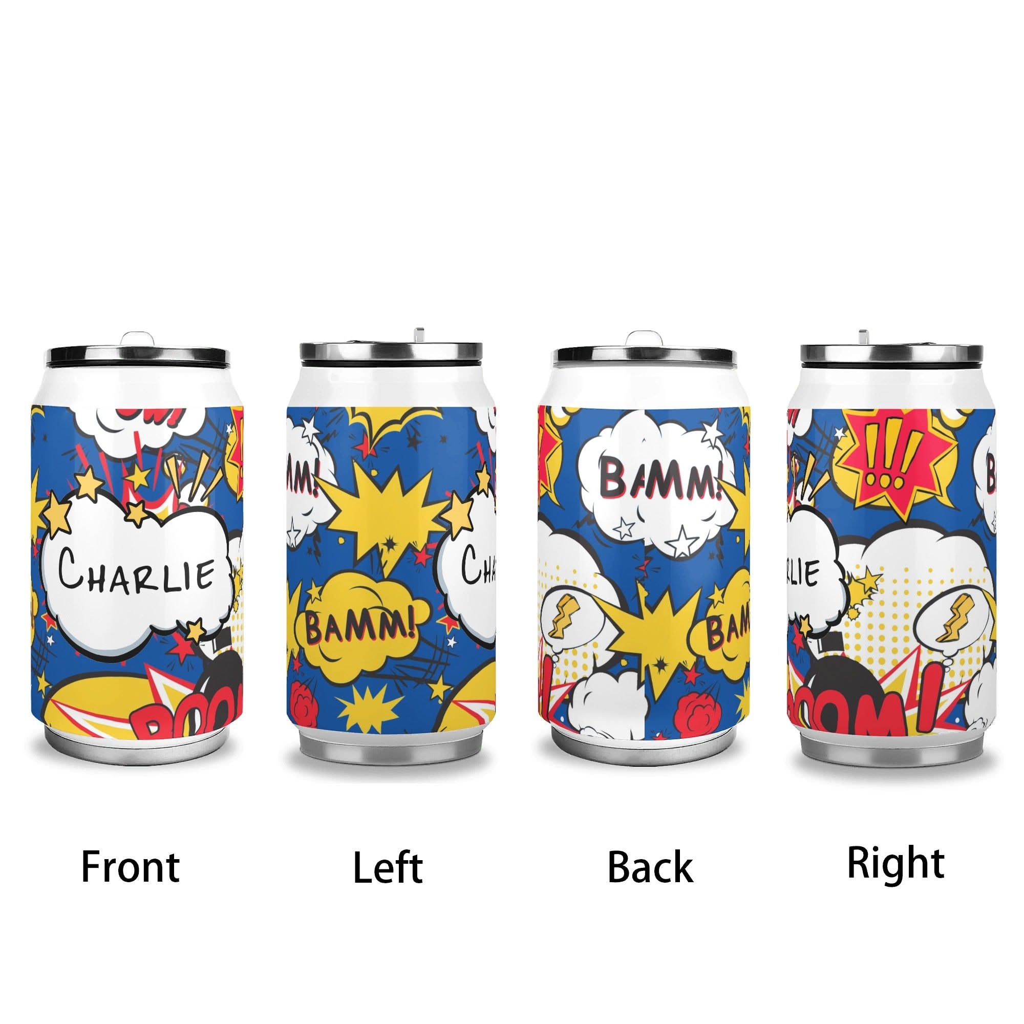 Personalised - Comic Book Blue - 300ml Stainless Steel Can Shaped Tumbler With Straw Lid Personalised 300ml Can Shaped Tumbler comic Printed Offshore