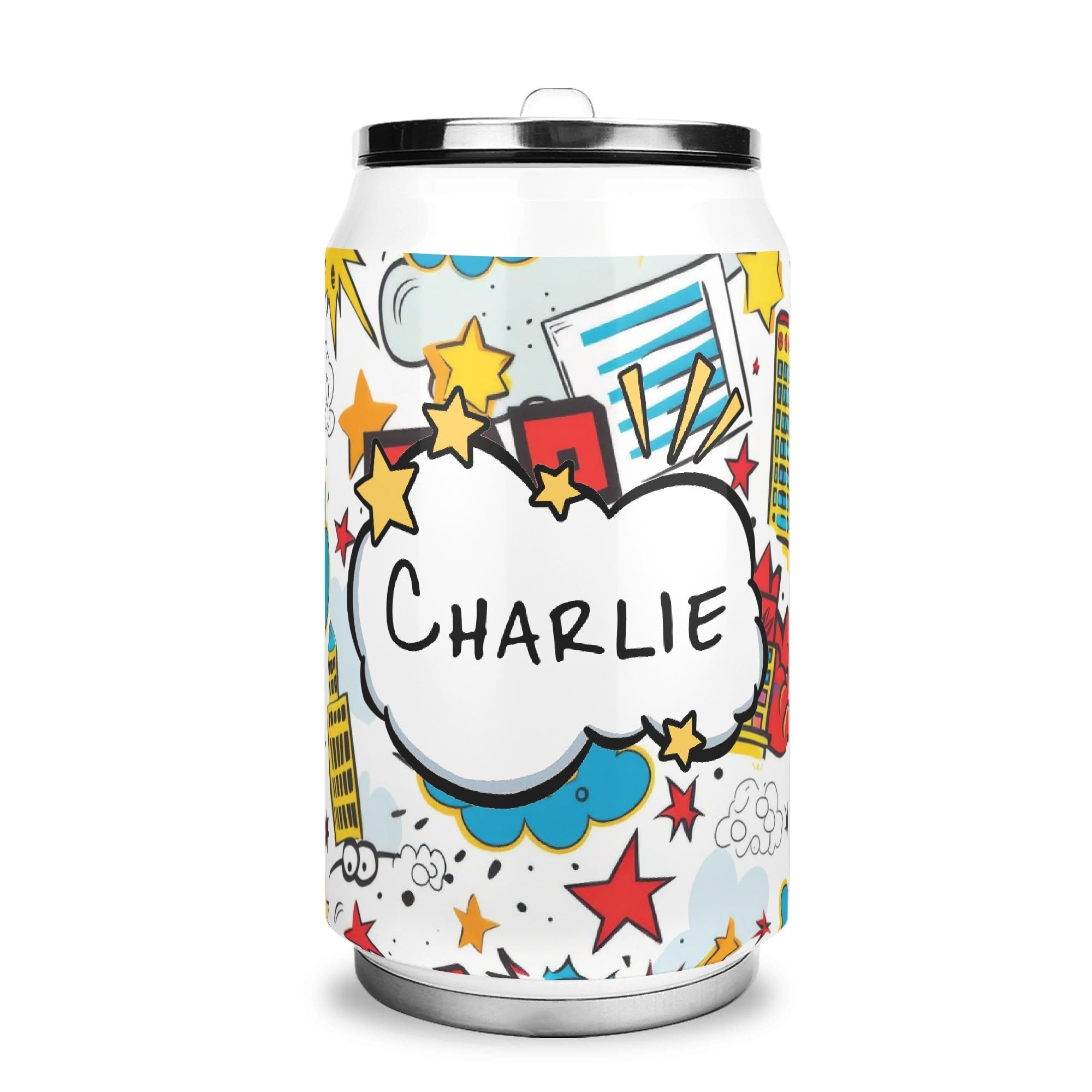 Personalised - Comic Book Zap - 300ml Stainless Steel Can Shaped Tumbler With Straw Lid Default Title Personalised 300ml Can Shaped Tumbler comic Printed Offshore