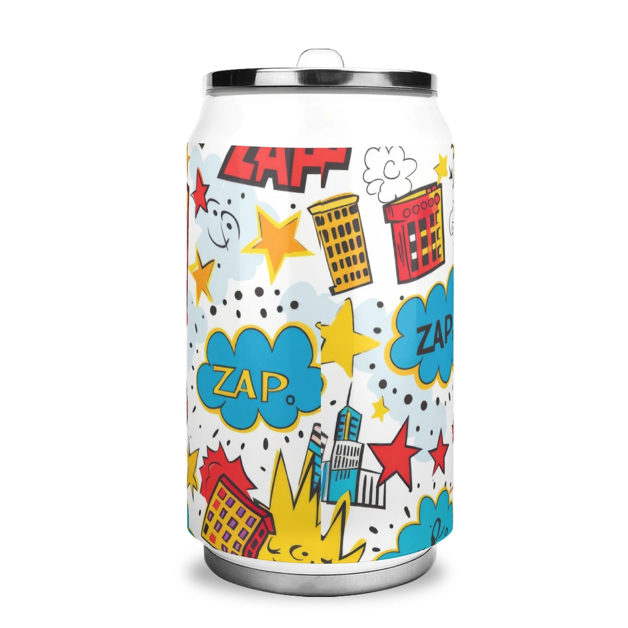 Personalised - Comic Book Zap - 300ml Stainless Steel Can Shaped Tumbler With Straw Lid Personalised 300ml Can Shaped Tumbler comic Printed Offshore