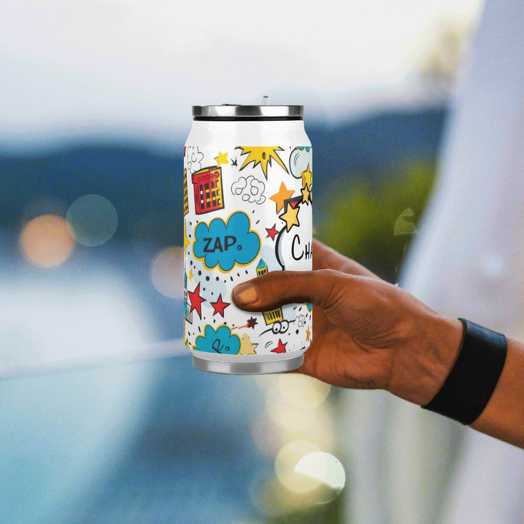 Personalised Comic Book Zap 300ml Stainless Steel Can Shaped Tumbler With Straw Lid Personalised 300ml Can Shaped Tumbler comic Printed Offshore