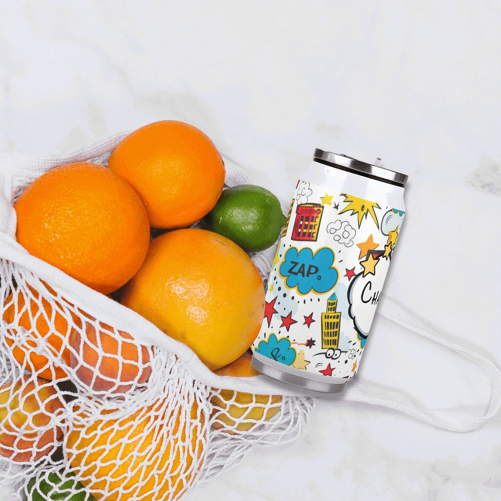 Personalised Comic Book Zap 300ml Stainless Steel Can Shaped Tumbler With Straw Lid Personalised 300ml Can Shaped Tumbler comic Printed Offshore