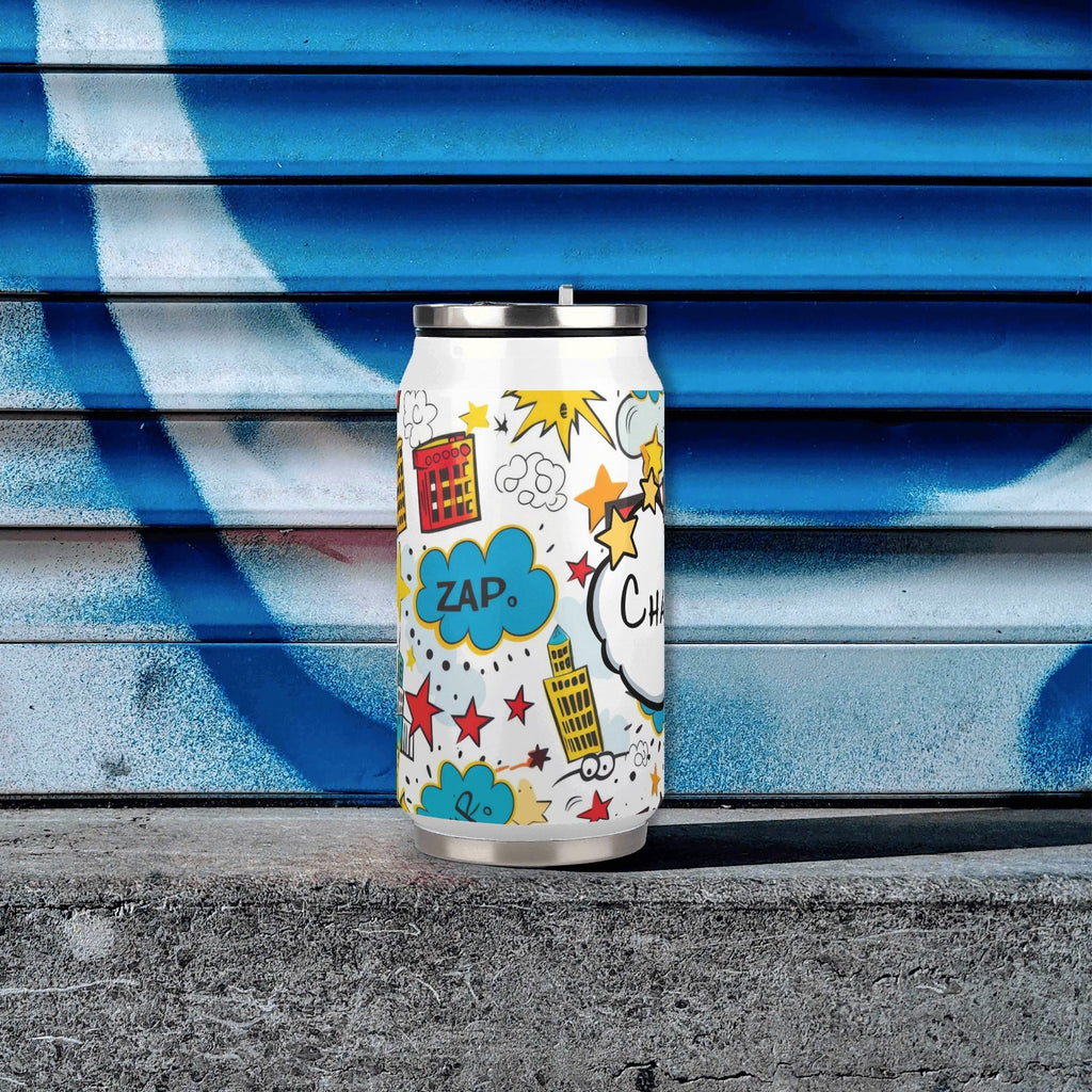 Personalised Comic Book Zap 300ml Stainless Steel Can Shaped Tumbler With Straw Lid Personalised 300ml Can Shaped Tumbler comic Printed Offshore
