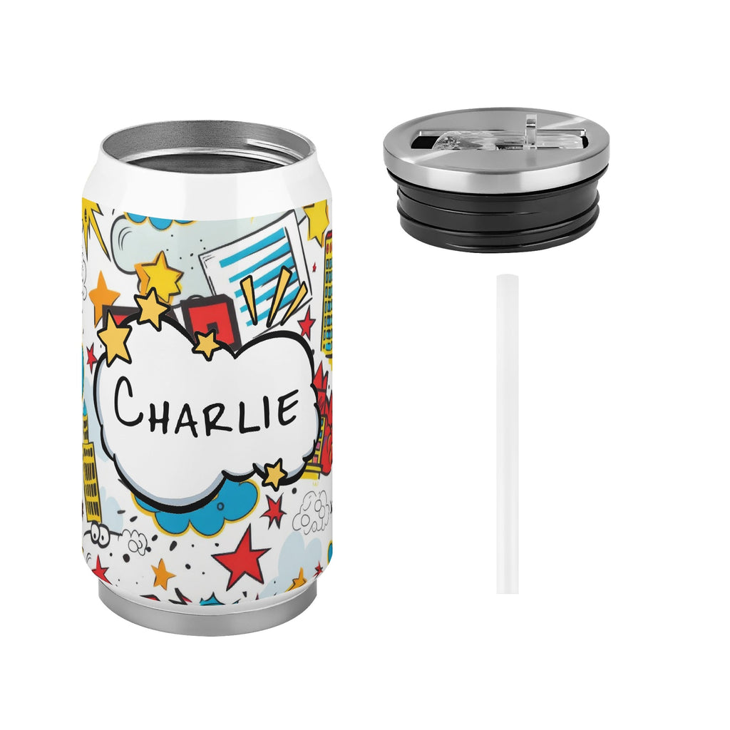 Personalised Comic Book Zap 300ml Stainless Steel Can Shaped Tumbler With Straw Lid Personalised 300ml Can Shaped Tumbler comic Printed Offshore