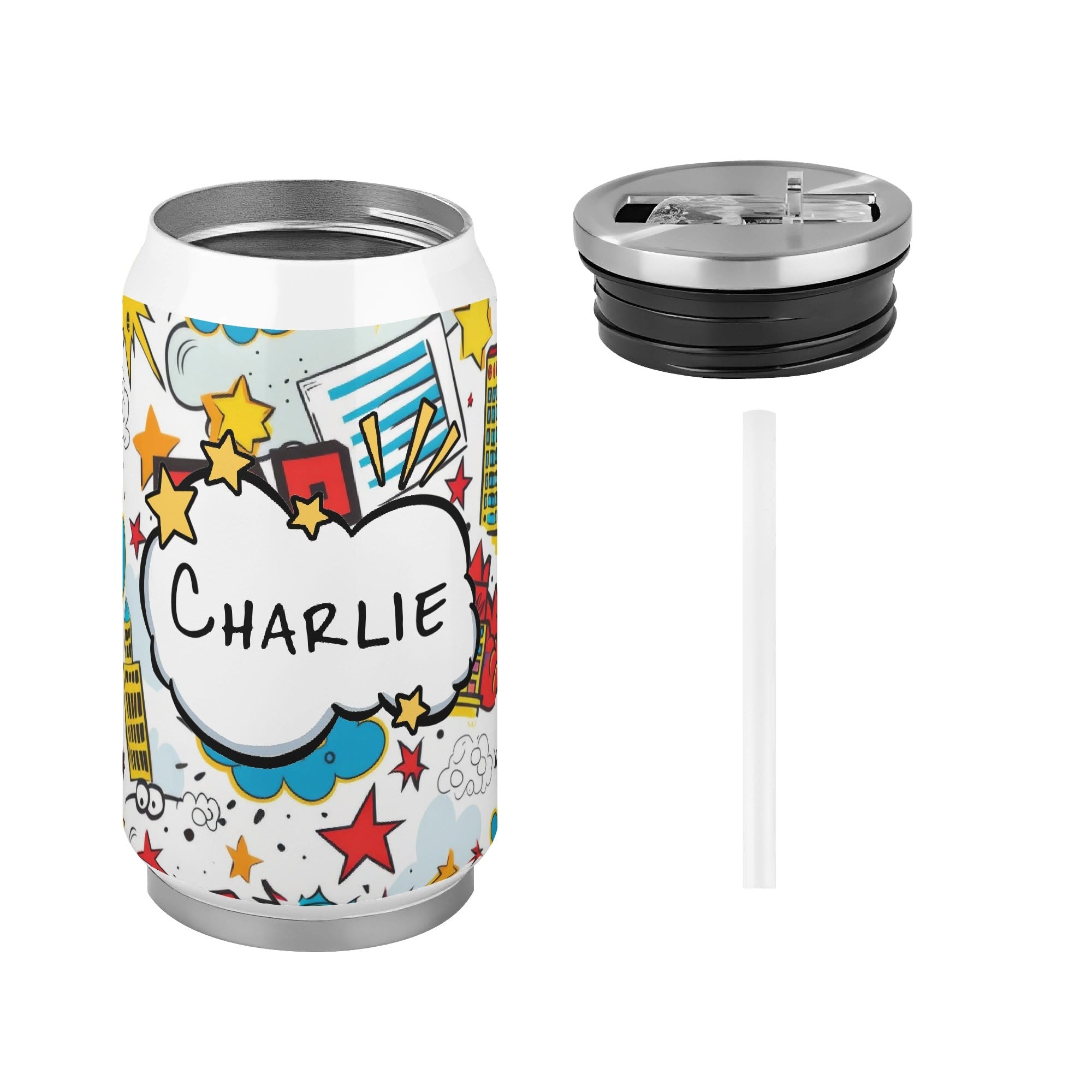 Personalised Comic Book Zap 300ml Stainless Steel Can Shaped Tumbler With Straw Lid Personalised 300ml Can Shaped Tumbler comic Printed Offshore