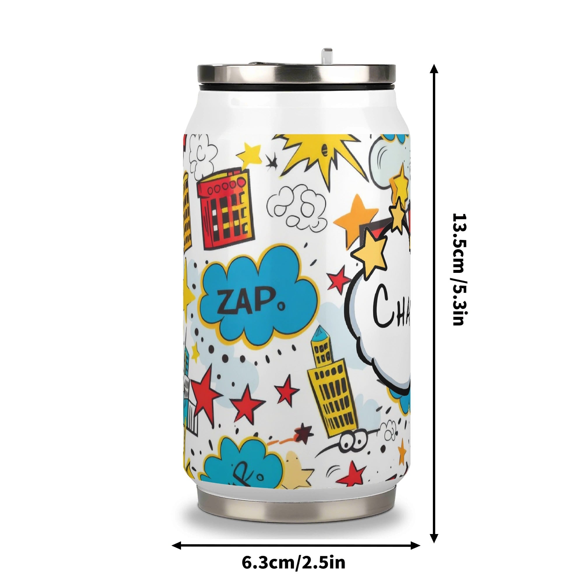 Personalised Comic Book Zap 300ml Stainless Steel Can Shaped Tumbler With Straw Lid Personalised 300ml Can Shaped Tumbler comic Printed Offshore