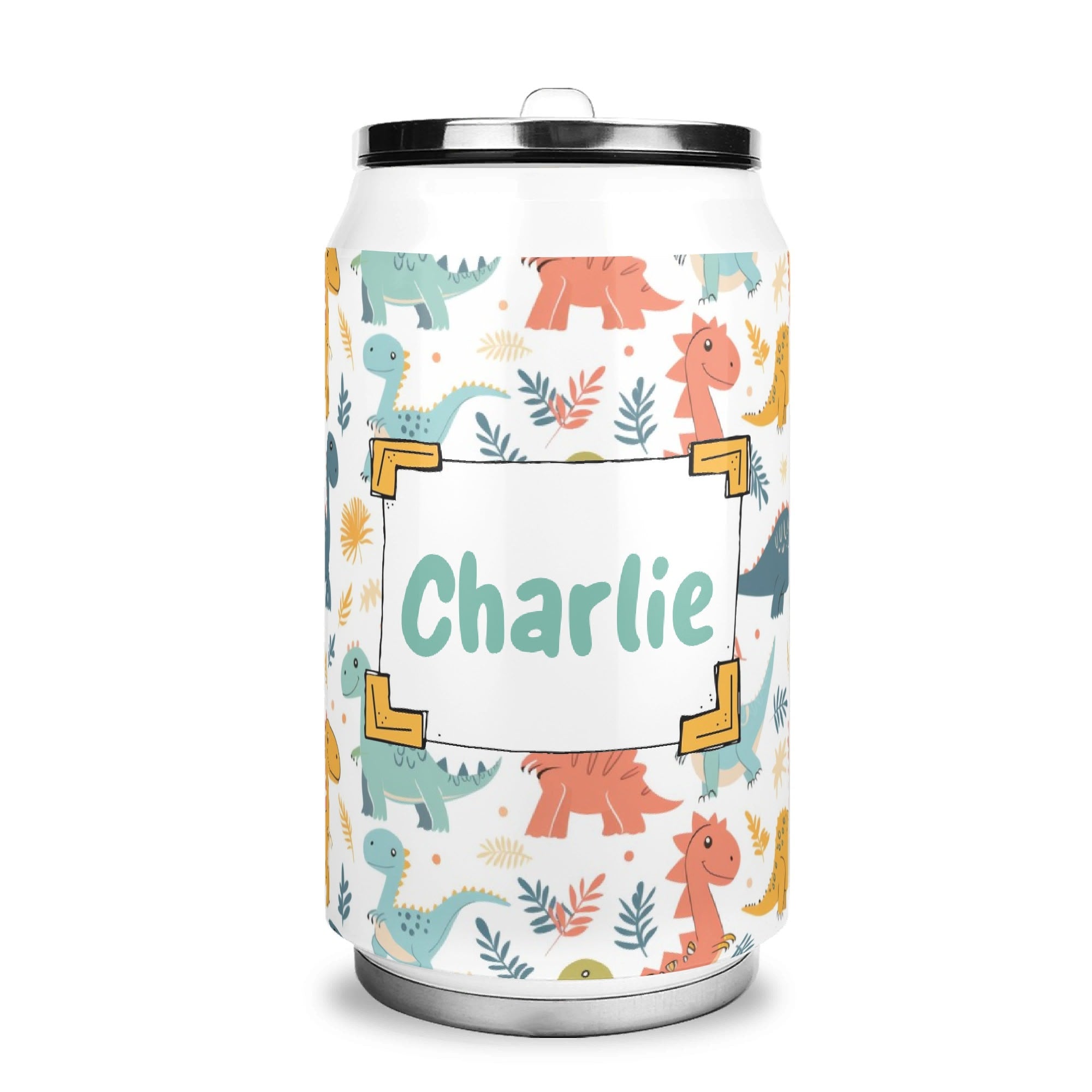 Personalised - Cute Colourful Dinosaurs - 300ml Stainless Steel Can Shaped Tumbler With Straw Lid Default Title Personalised 300ml Can Shaped Tumbler animal Printed Offshore