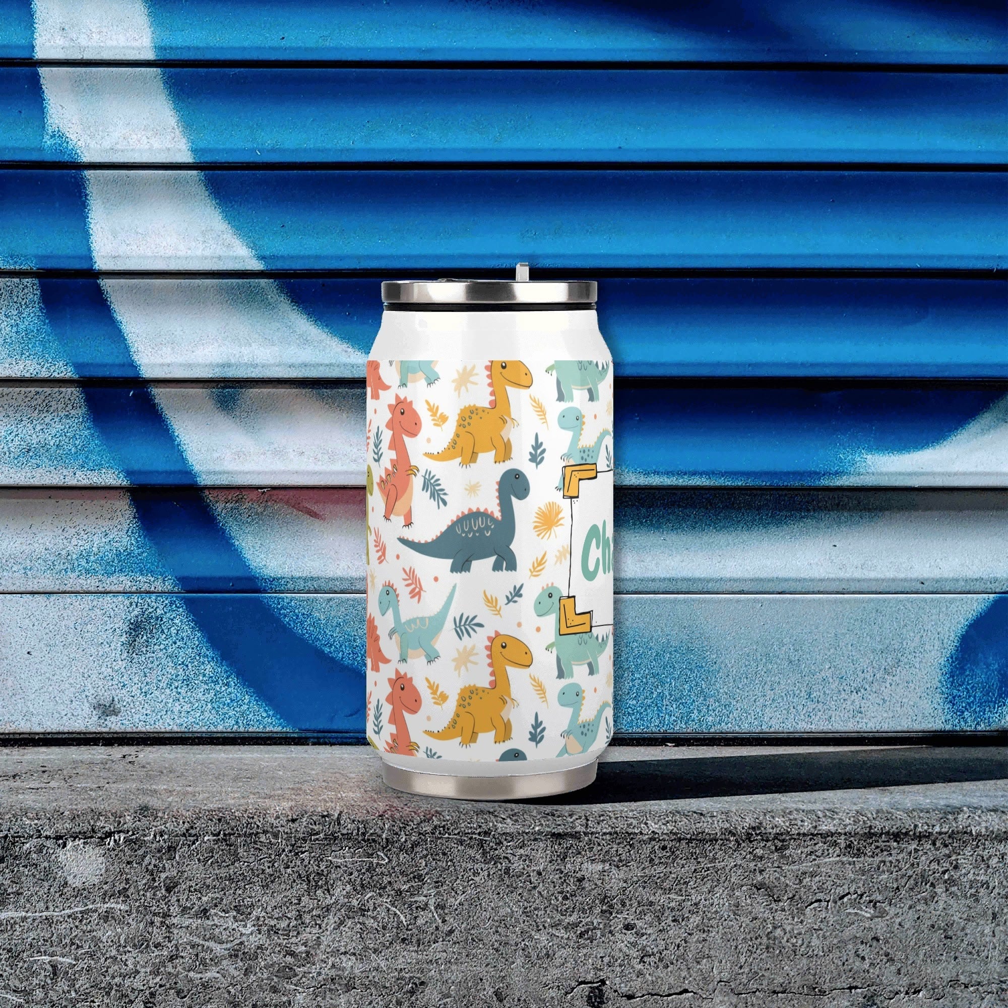 Personalised Cute Colourful Dinosaurs 300ml Stainless Steel Can Shaped Tumbler With Straw Lid Personalised 300ml Can Shaped Tumbler animal Printed Offshore