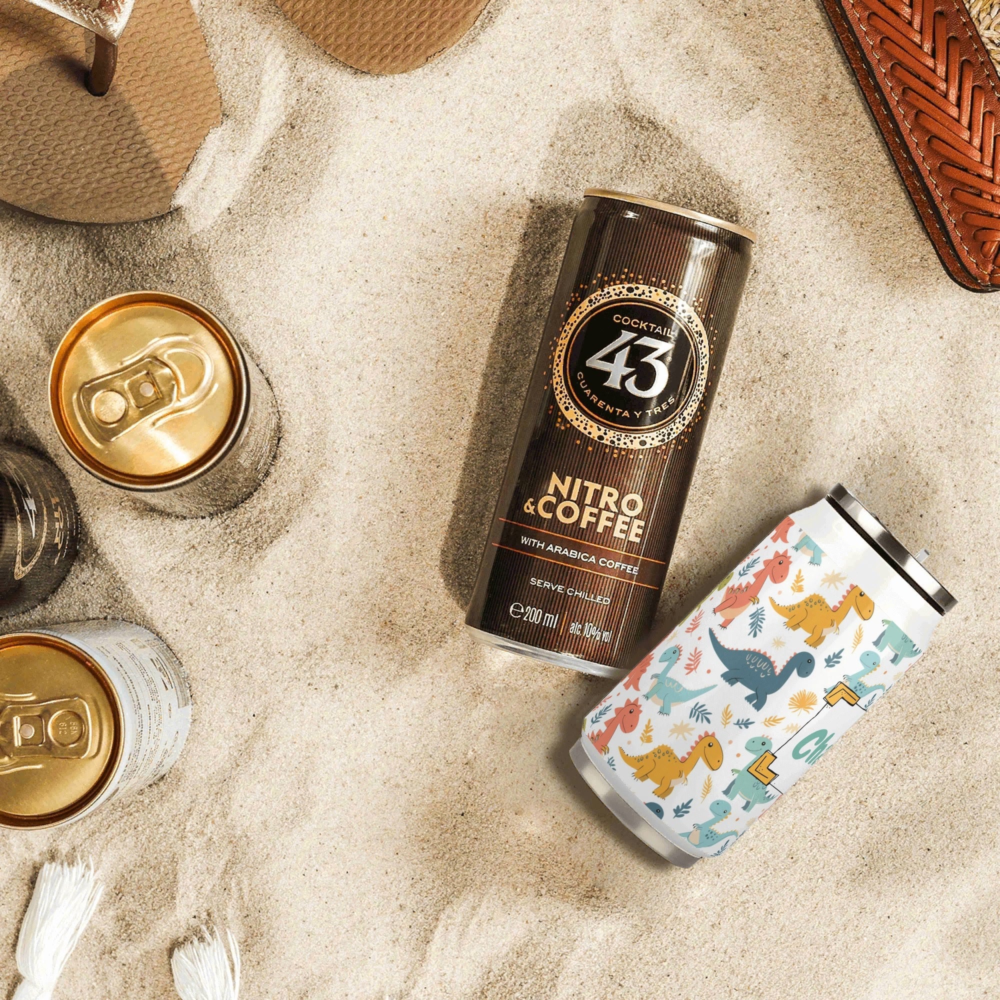 Personalised - Cute Colourful Dinosaurs - 300ml Stainless Steel Can Shaped Tumbler With Straw Lid Personalised 300ml Can Shaped Tumbler animal Printed Offshore