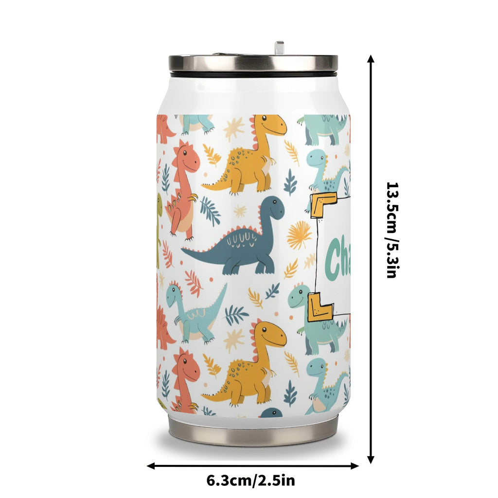 Personalised Cute Colourful Dinosaurs 300ml Stainless Steel Can Shaped Tumbler With Straw Lid Personalised 300ml Can Shaped Tumbler animal Printed Offshore