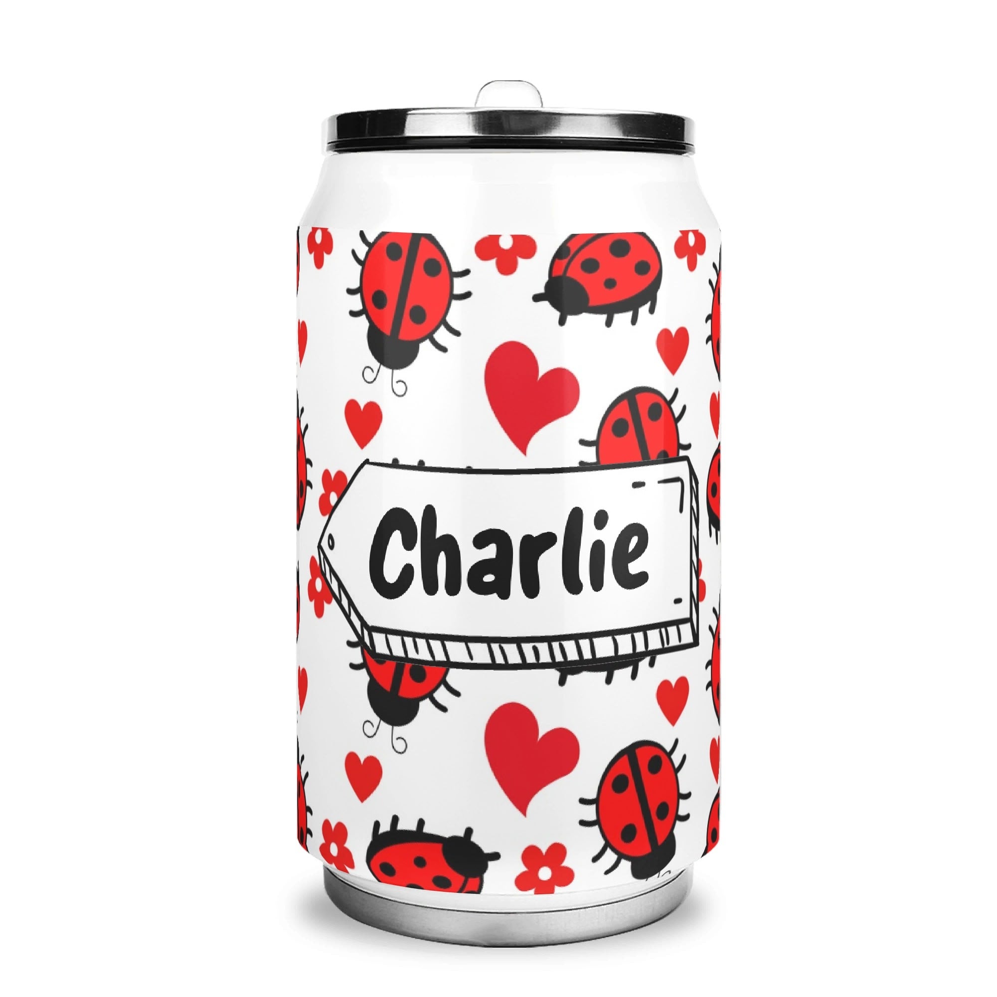 Personalised - Ladybugs - 300ml Stainless Steel Can Shaped Tumbler With Straw Lid Default Title Personalised 300ml Can Shaped Tumbler animal Printed Offshore