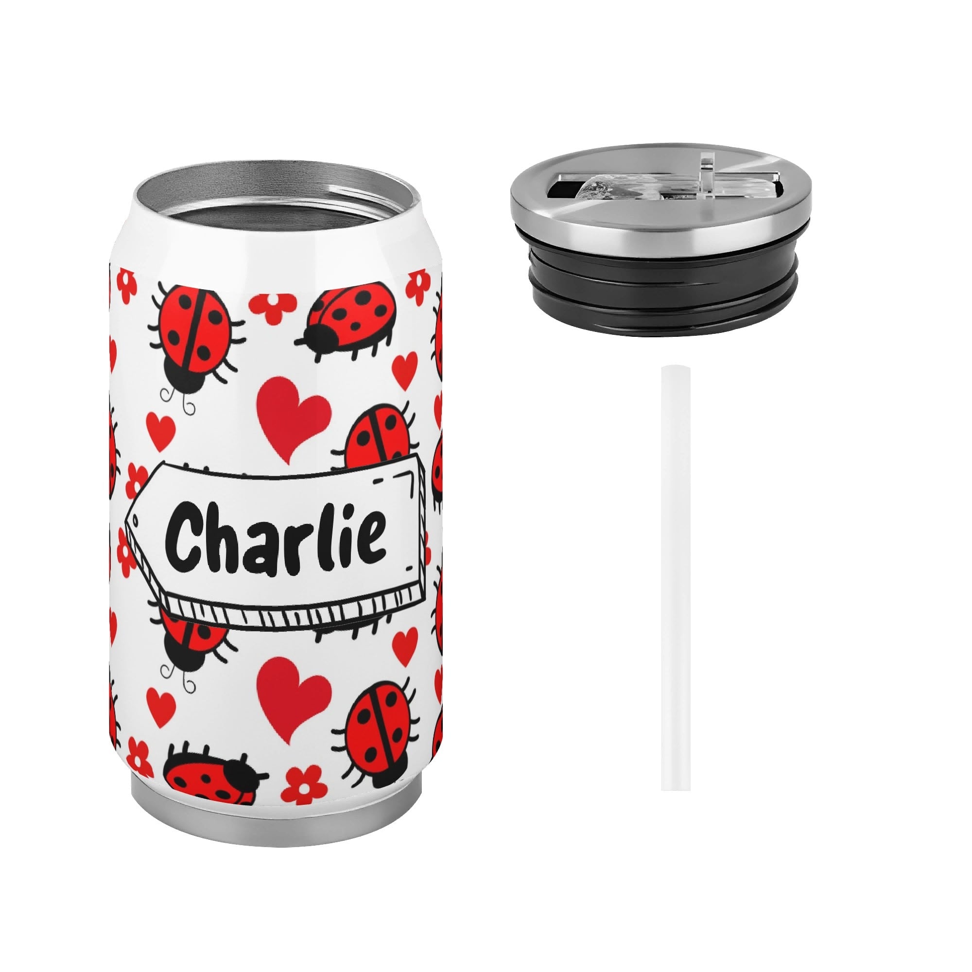 Personalised Ladybugs 300ml Stainless Steel Can Shaped Tumbler With Straw Lid Personalised 300ml Can Shaped Tumbler animal Printed Offshore