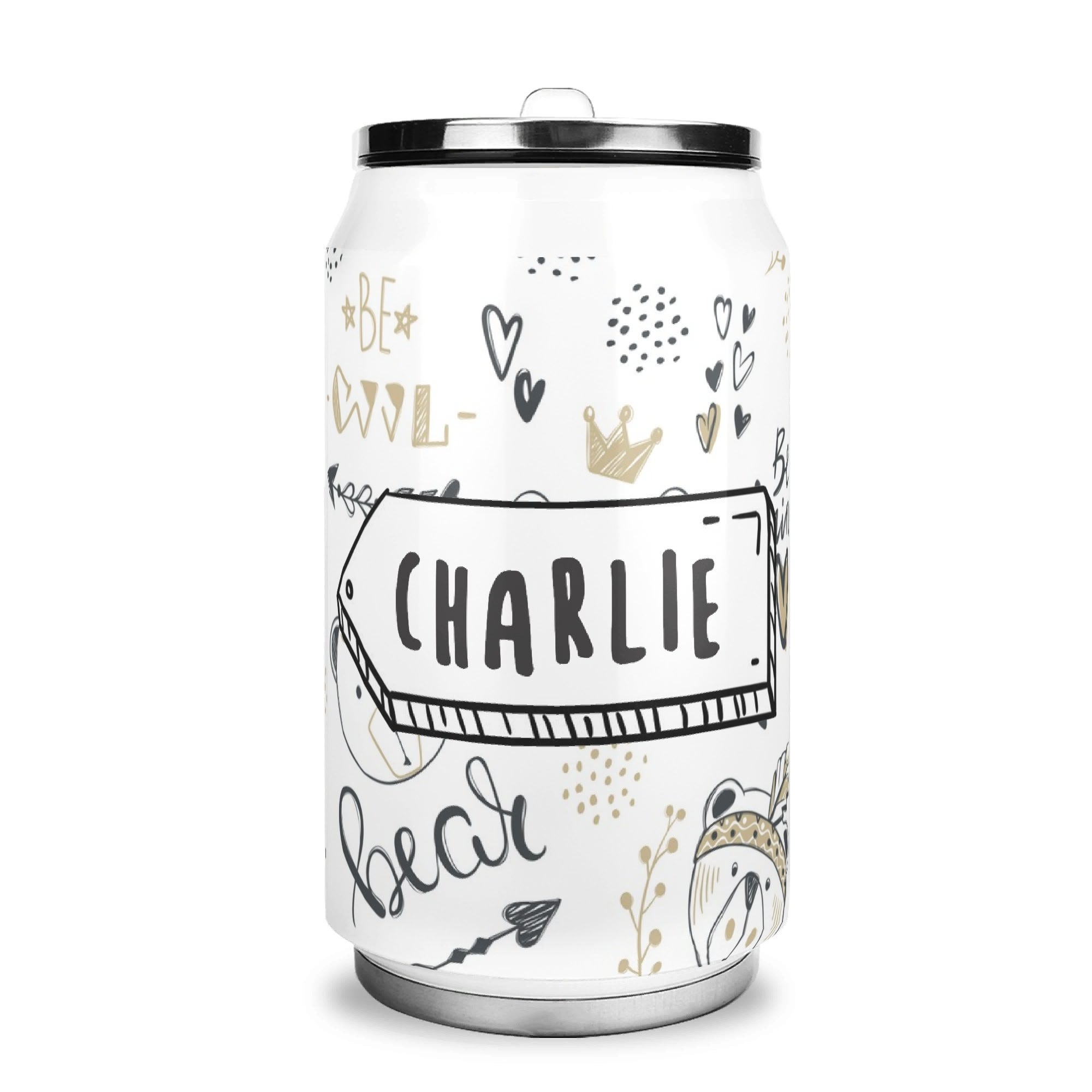 Personalised - Bears - 300ml Stainless Steel Can Shaped Tumbler With Straw Lid Default Title Personalised 300ml Can Shaped Tumbler animal Printed Offshore