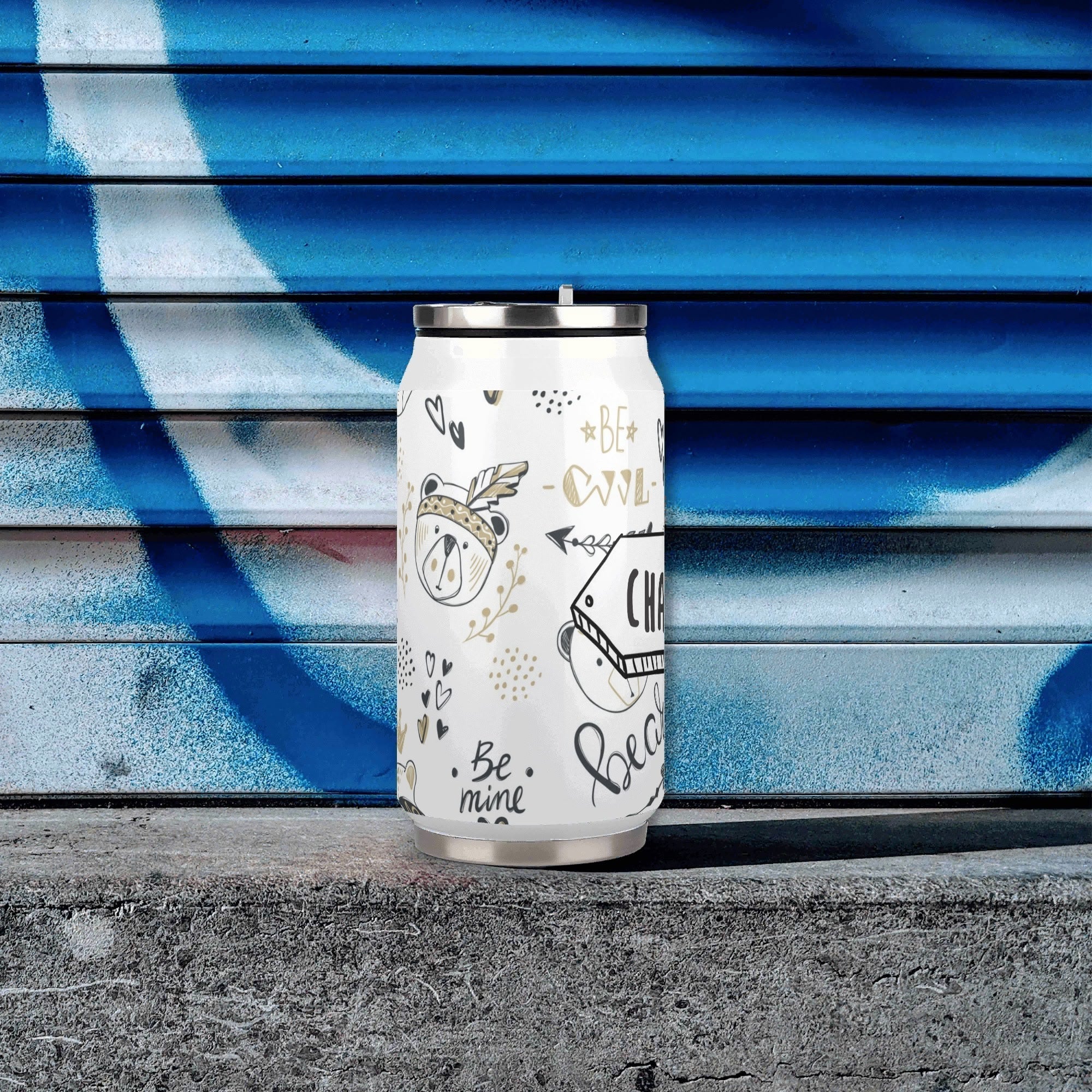 Personalised Bears 300ml Stainless Steel Can Shaped Tumbler With Straw Lid Personalised 300ml Can Shaped Tumbler animal Printed Offshore