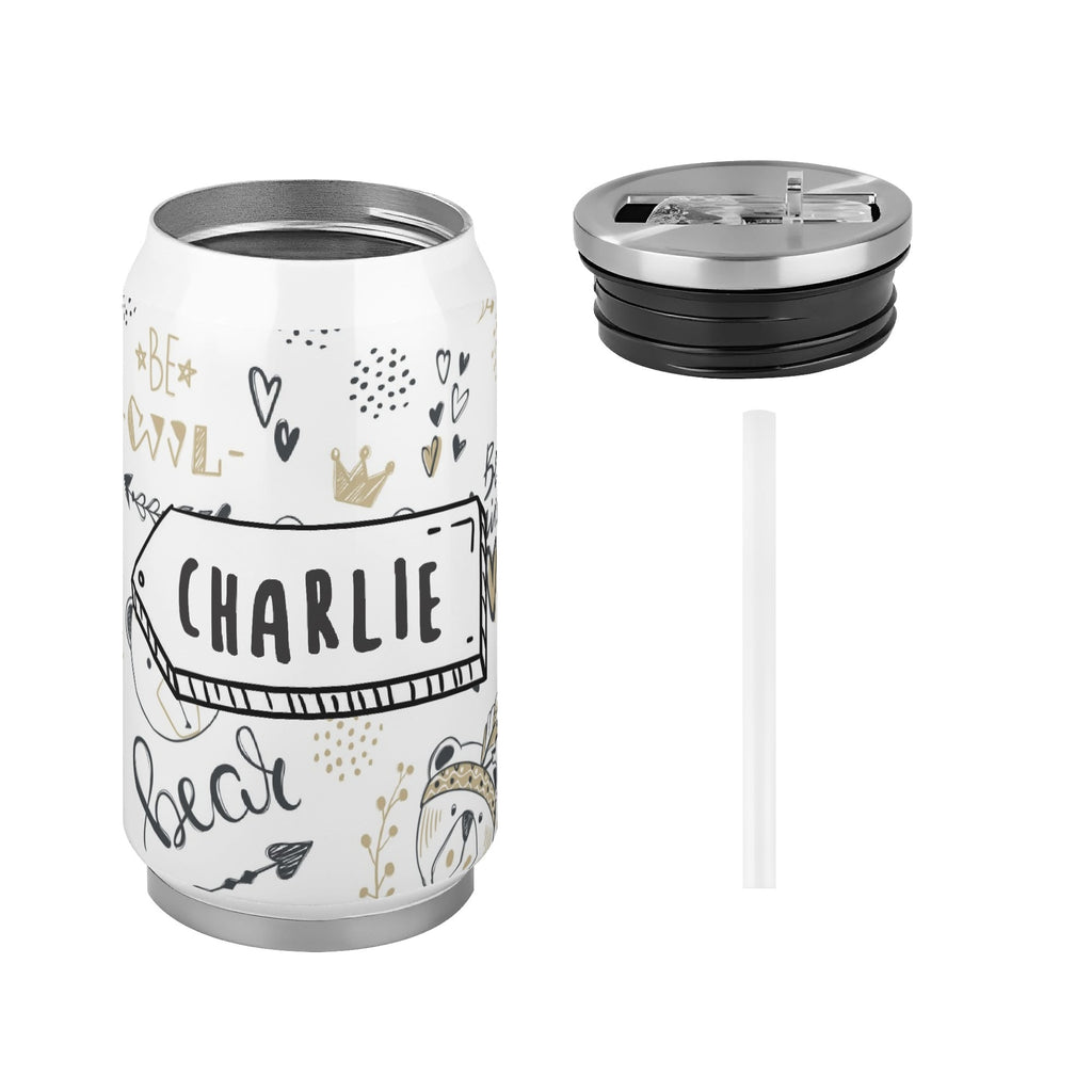 Personalised Bears 300ml Stainless Steel Can Shaped Tumbler With Straw Lid Personalised 300ml Can Shaped Tumbler animal Printed Offshore