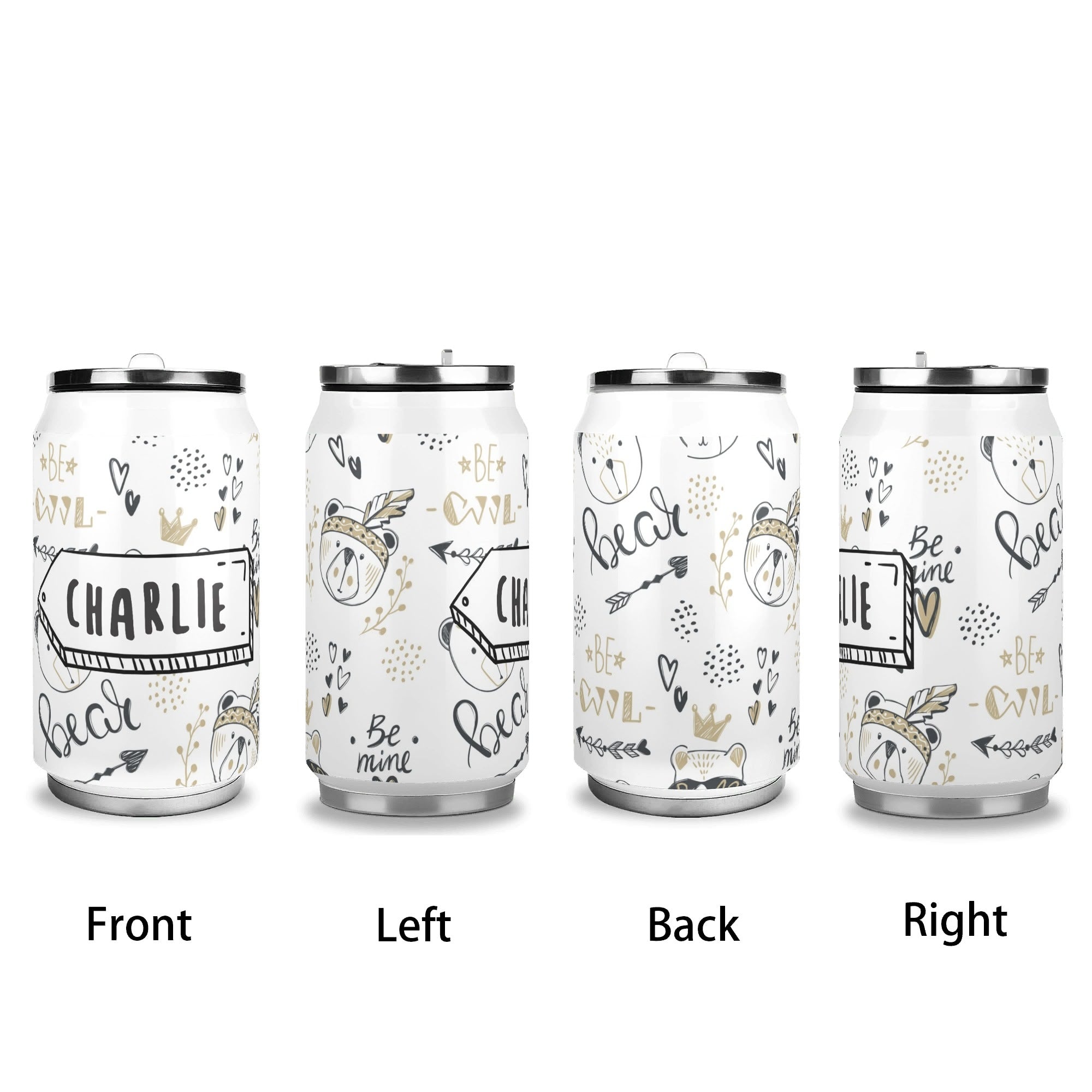 Personalised - Bears - 300ml Stainless Steel Can Shaped Tumbler With Straw Lid Personalised 300ml Can Shaped Tumbler animal Printed Offshore