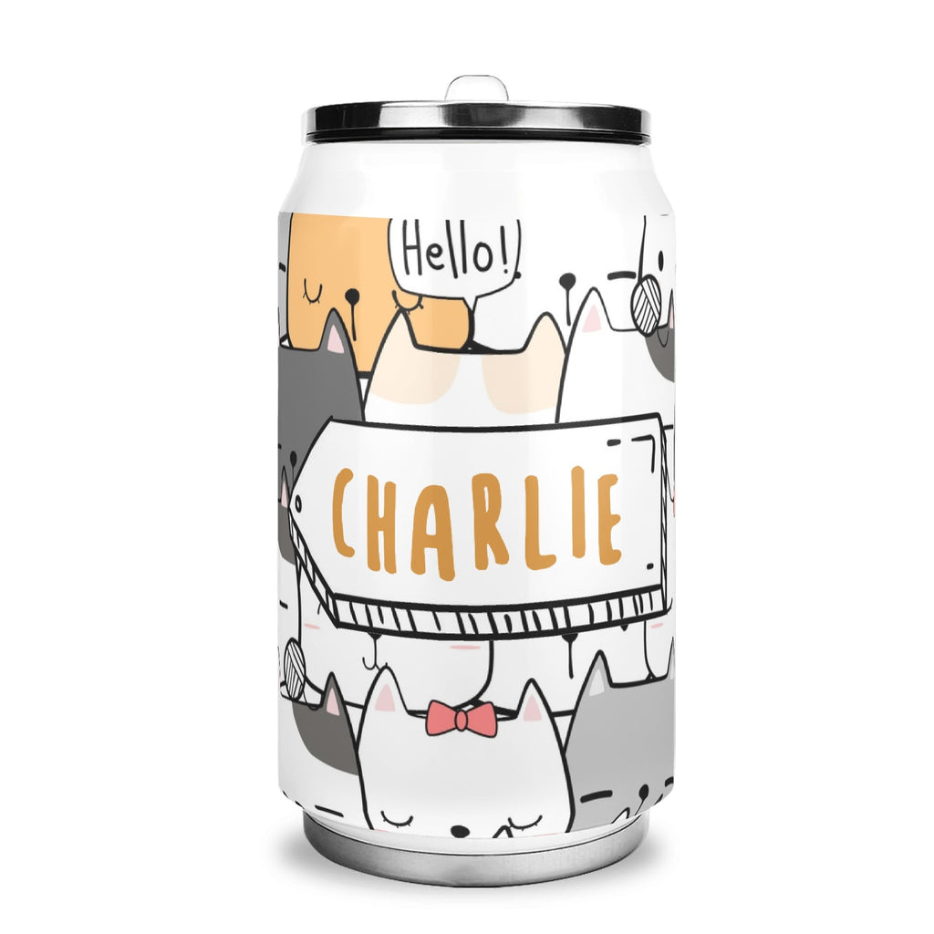 Personalised Cat Hello 300ml Stainless Steel Can Shaped Tumbler With Straw Lid Default Title Personalised 300ml Can Shaped Tumbler animal Printed Offshore