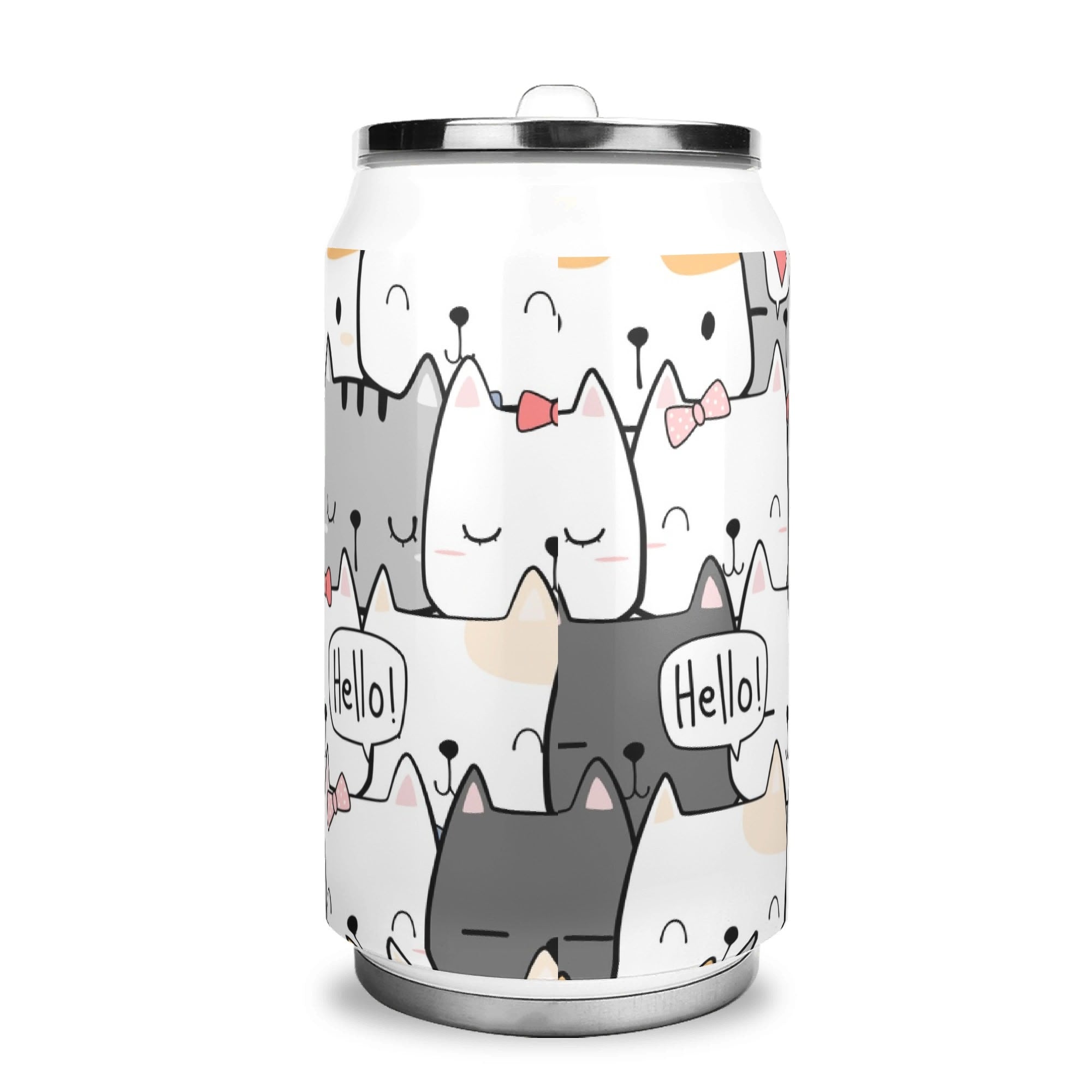 Personalised - Cat Hello - 300ml Stainless Steel Can Shaped Tumbler With Straw Lid Personalised 300ml Can Shaped Tumbler animal Printed Offshore