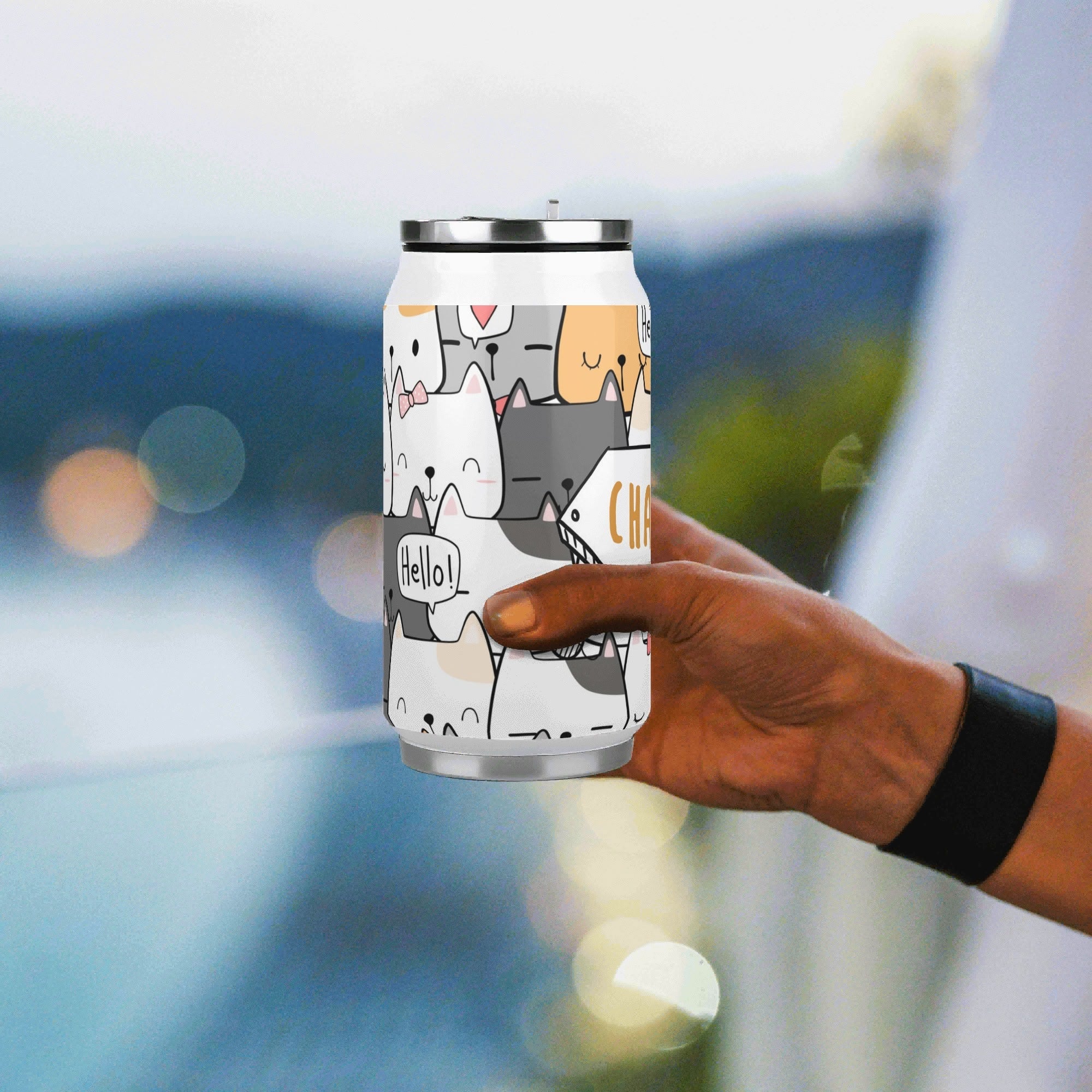 Personalised Cat Hello 300ml Stainless Steel Can Shaped Tumbler With Straw Lid Personalised 300ml Can Shaped Tumbler animal Printed Offshore
