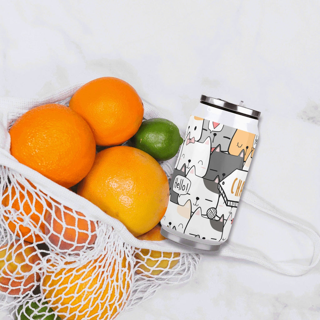 Personalised Cat Hello 300ml Stainless Steel Can Shaped Tumbler With Straw Lid Personalised 300ml Can Shaped Tumbler animal Printed Offshore