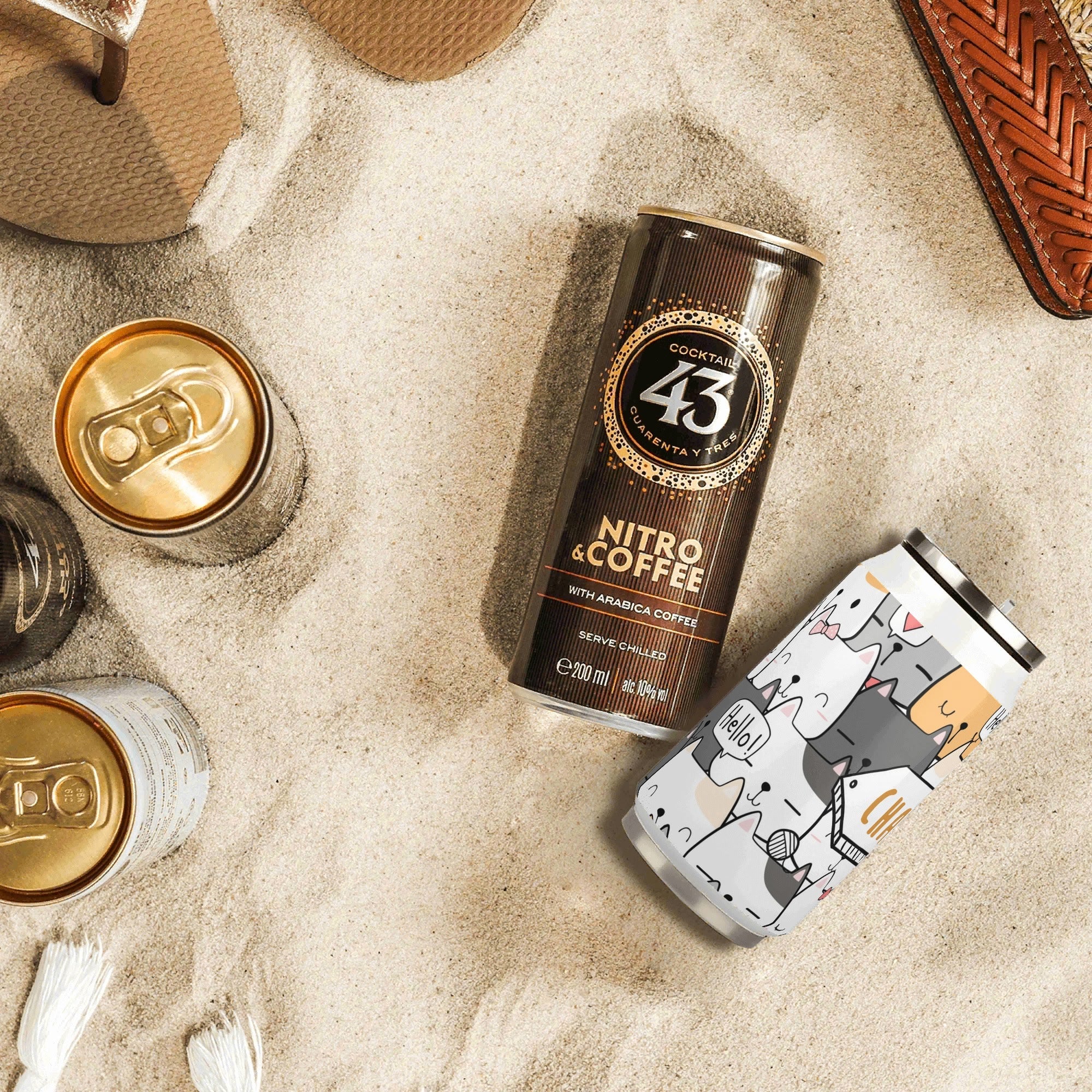 Personalised - Cat Hello - 300ml Stainless Steel Can Shaped Tumbler With Straw Lid Personalised 300ml Can Shaped Tumbler animal Printed Offshore