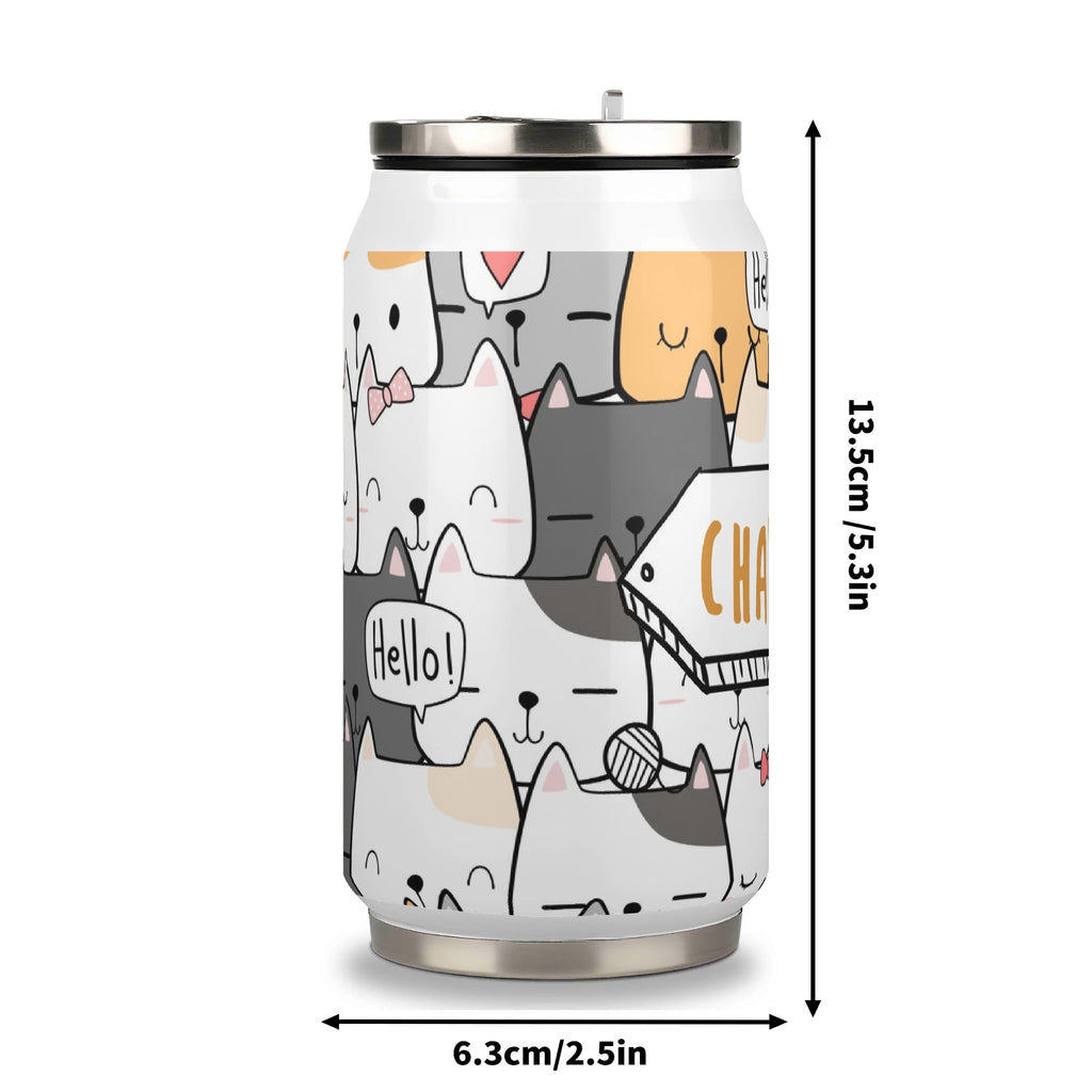Personalised Cat Hello 300ml Stainless Steel Can Shaped Tumbler With Straw Lid Personalised 300ml Can Shaped Tumbler animal Printed Offshore