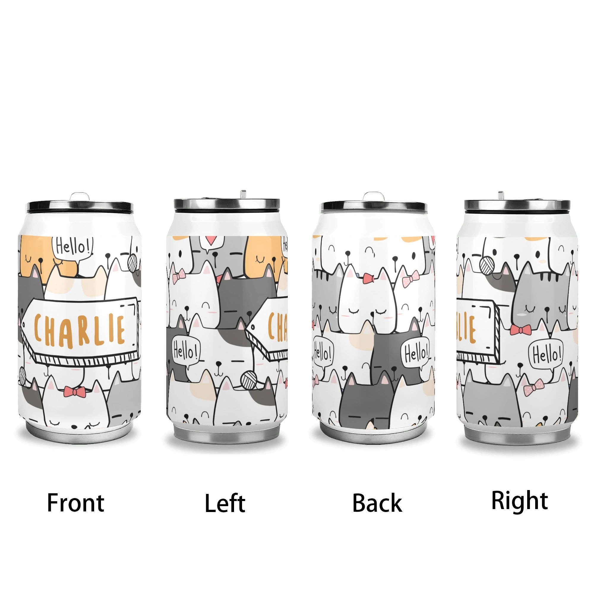 Personalised - Cat Hello - 300ml Stainless Steel Can Shaped Tumbler With Straw Lid Personalised 300ml Can Shaped Tumbler animal Printed Offshore