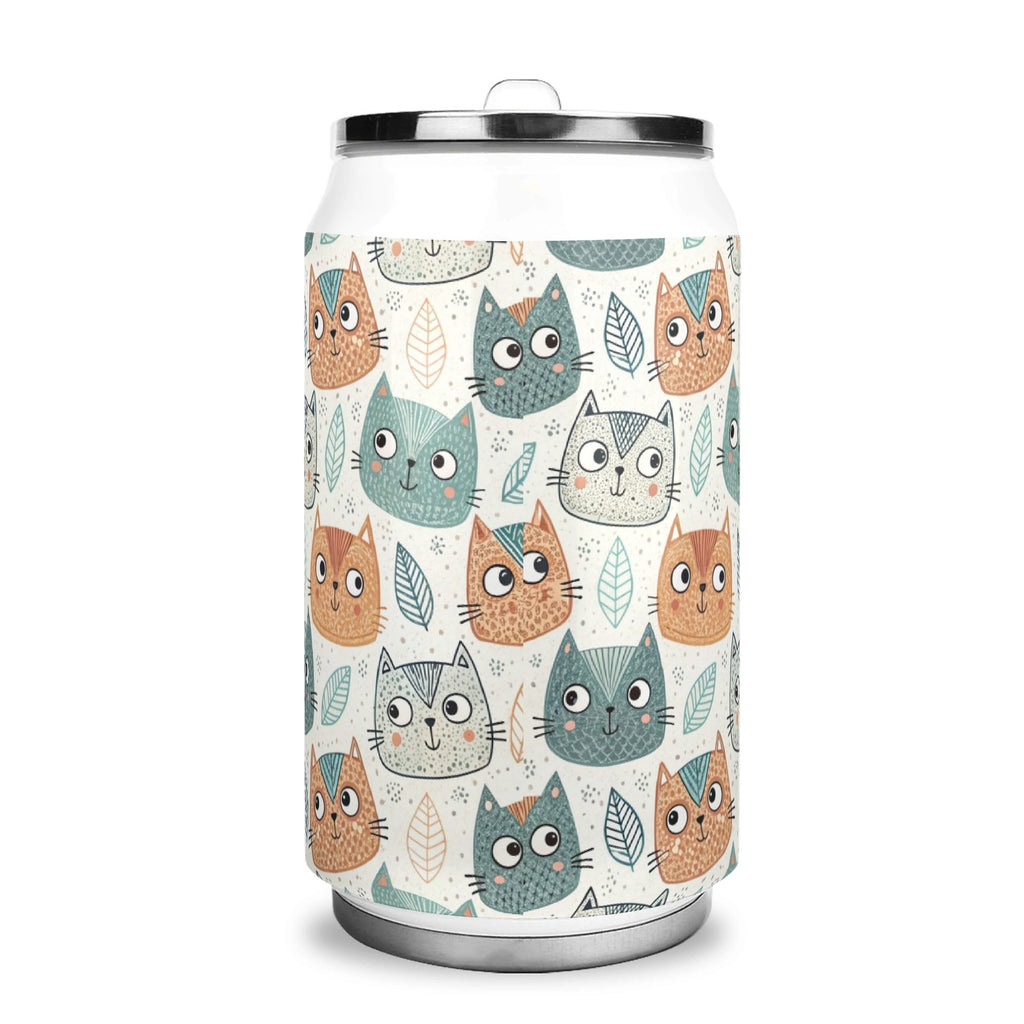 Personalised Cute Cat Faces 300ml Stainless Steel Can Shaped Tumbler With Straw Lid Personalised 300ml Can Shaped Tumbler animal Printed Offshore