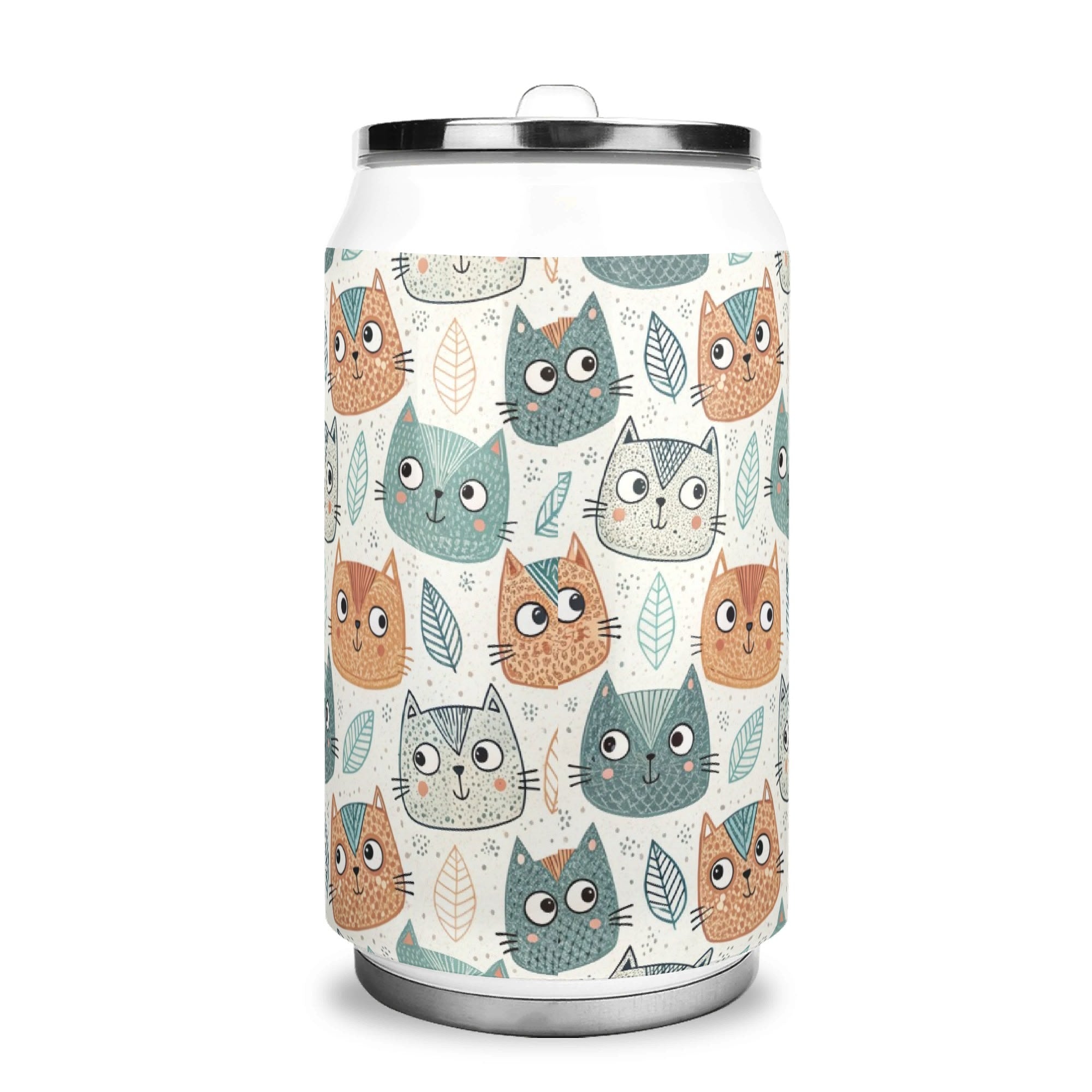Personalised - Cute Cat Faces - 300ml Stainless Steel Can Shaped Tumbler With Straw Lid Personalised 300ml Can Shaped Tumbler animal Printed Offshore