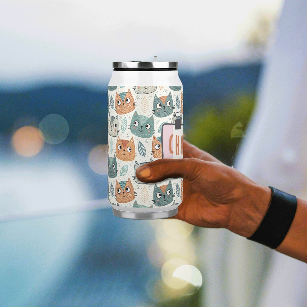 Personalised Cute Cat Faces 300ml Stainless Steel Can Shaped Tumbler With Straw Lid Personalised 300ml Can Shaped Tumbler animal Printed Offshore