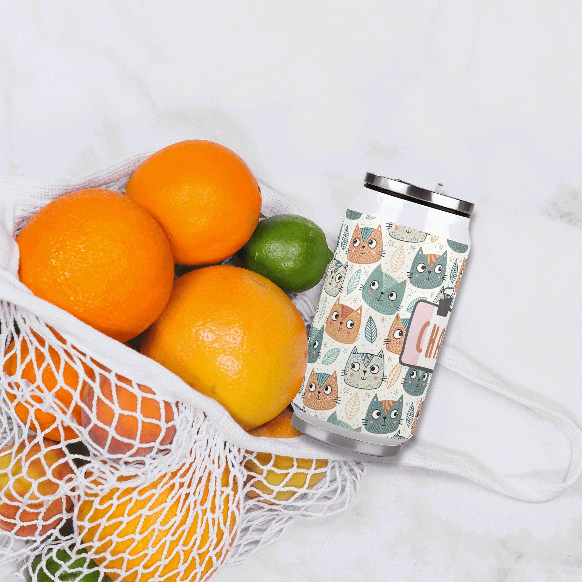 Personalised Cute Cat Faces 300ml Stainless Steel Can Shaped Tumbler With Straw Lid Personalised 300ml Can Shaped Tumbler animal Printed Offshore