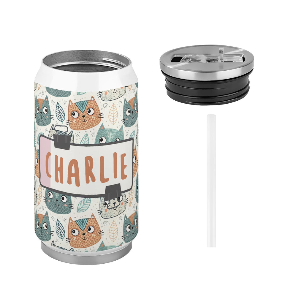 Personalised Cute Cat Faces 300ml Stainless Steel Can Shaped Tumbler With Straw Lid Personalised 300ml Can Shaped Tumbler animal Printed Offshore