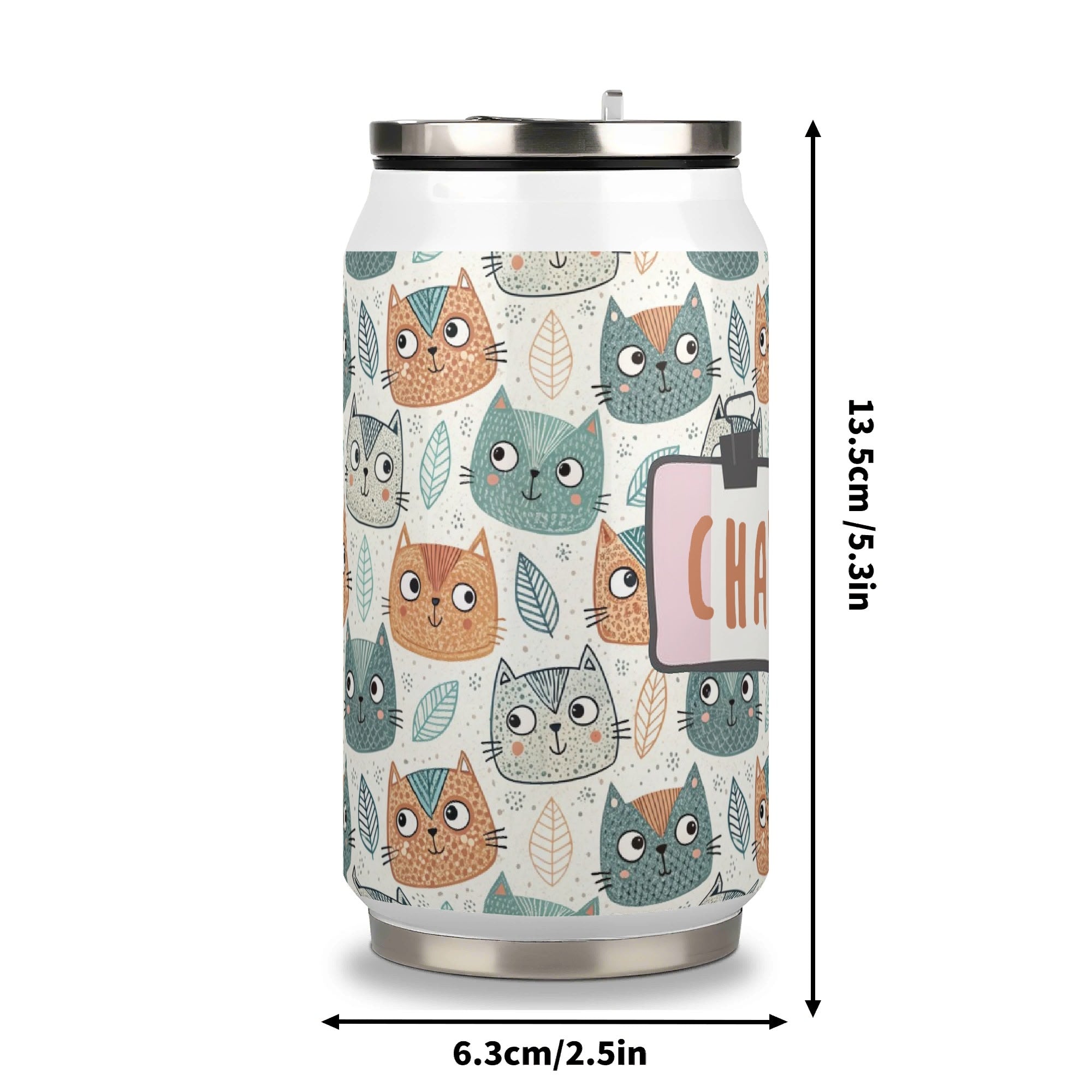 Personalised Cute Cat Faces 300ml Stainless Steel Can Shaped Tumbler With Straw Lid Personalised 300ml Can Shaped Tumbler animal Printed Offshore