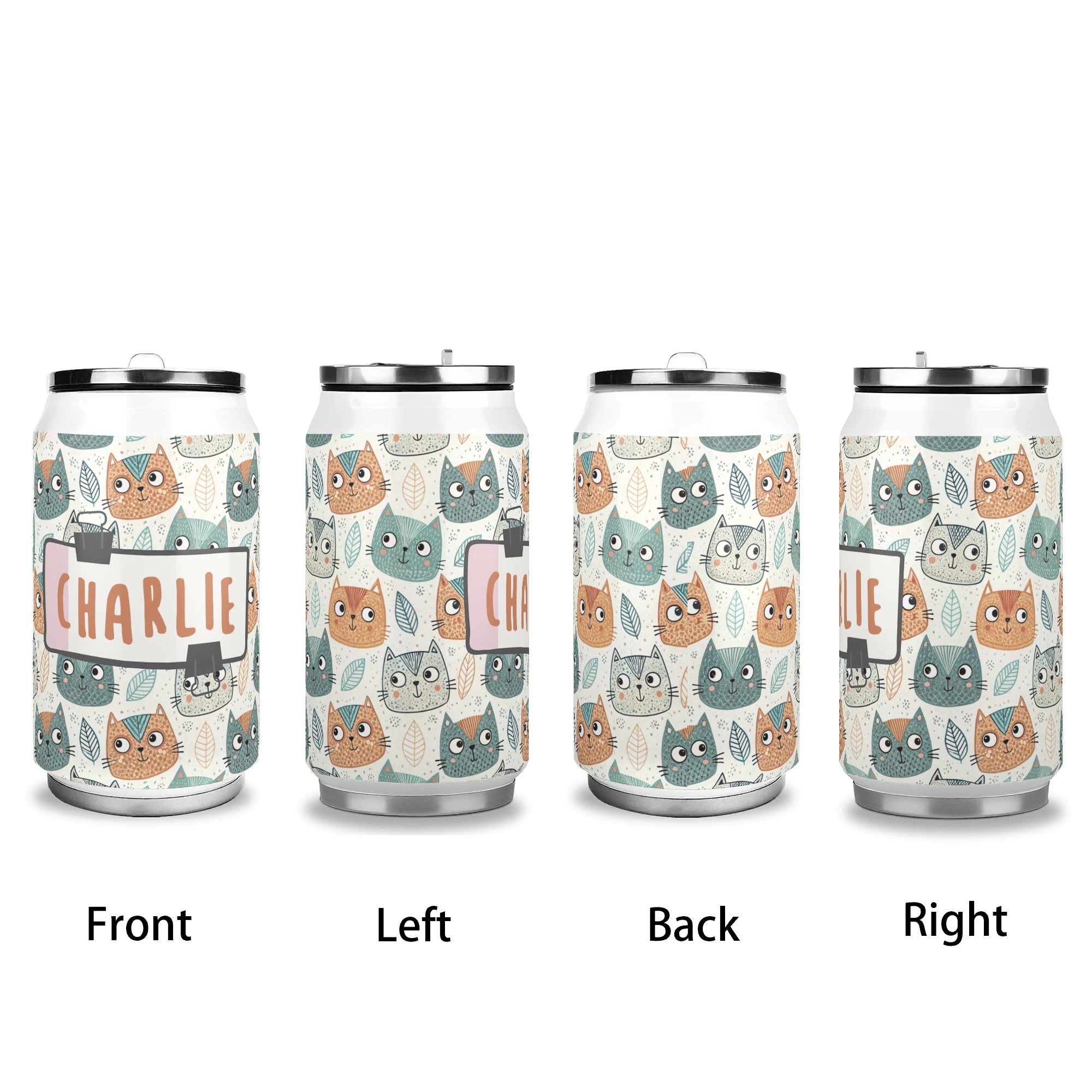 Personalised - Cute Cat Faces - 300ml Stainless Steel Can Shaped Tumbler With Straw Lid Personalised 300ml Can Shaped Tumbler animal Printed Offshore