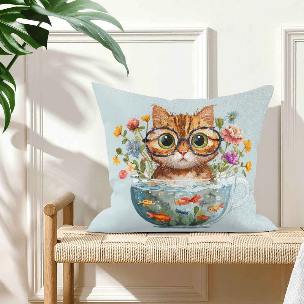 Cat And Fish Bowl - Cushion Cover Cushion Cover animal Printed Offshore