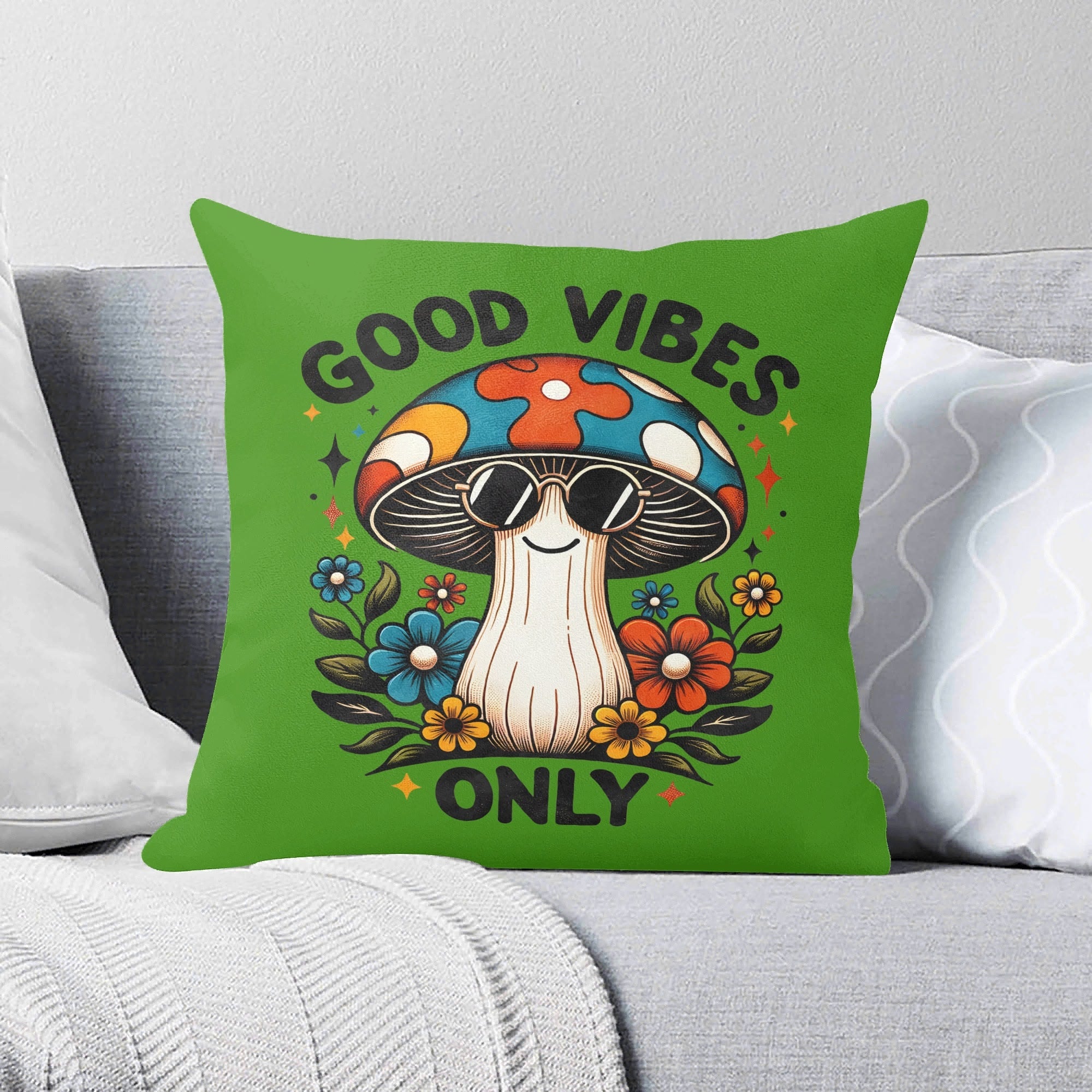 Good Vibes Only, Hippie Mushroom With Sunglasses - Cushion Cover 2XL Cushion Cover Positivity Printed Offshore Retro