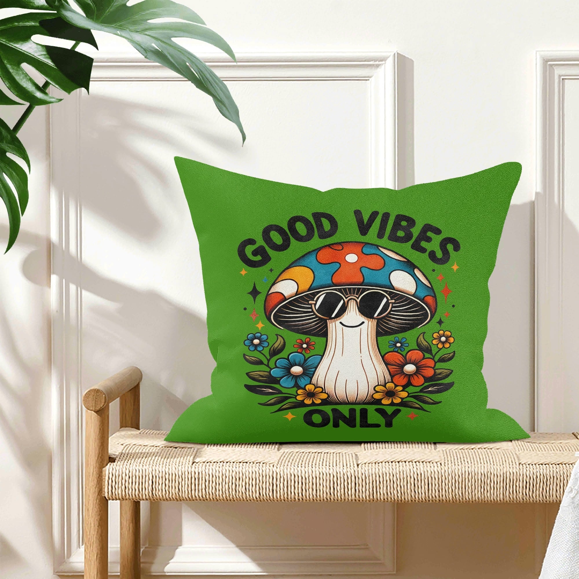 Good Vibes Only, Hippie Mushroom With Sunglasses - Cushion Cover Cushion Cover Positivity Printed Offshore Retro