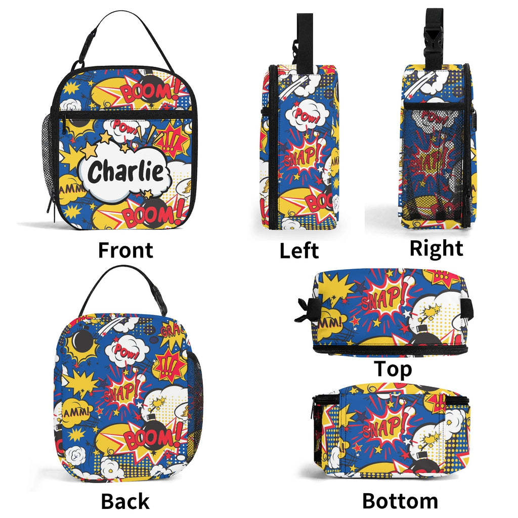 Personalised Comic Book Blue Insulated School Lunch Bag Personalised Lunch Bag Comic Printed Offshore