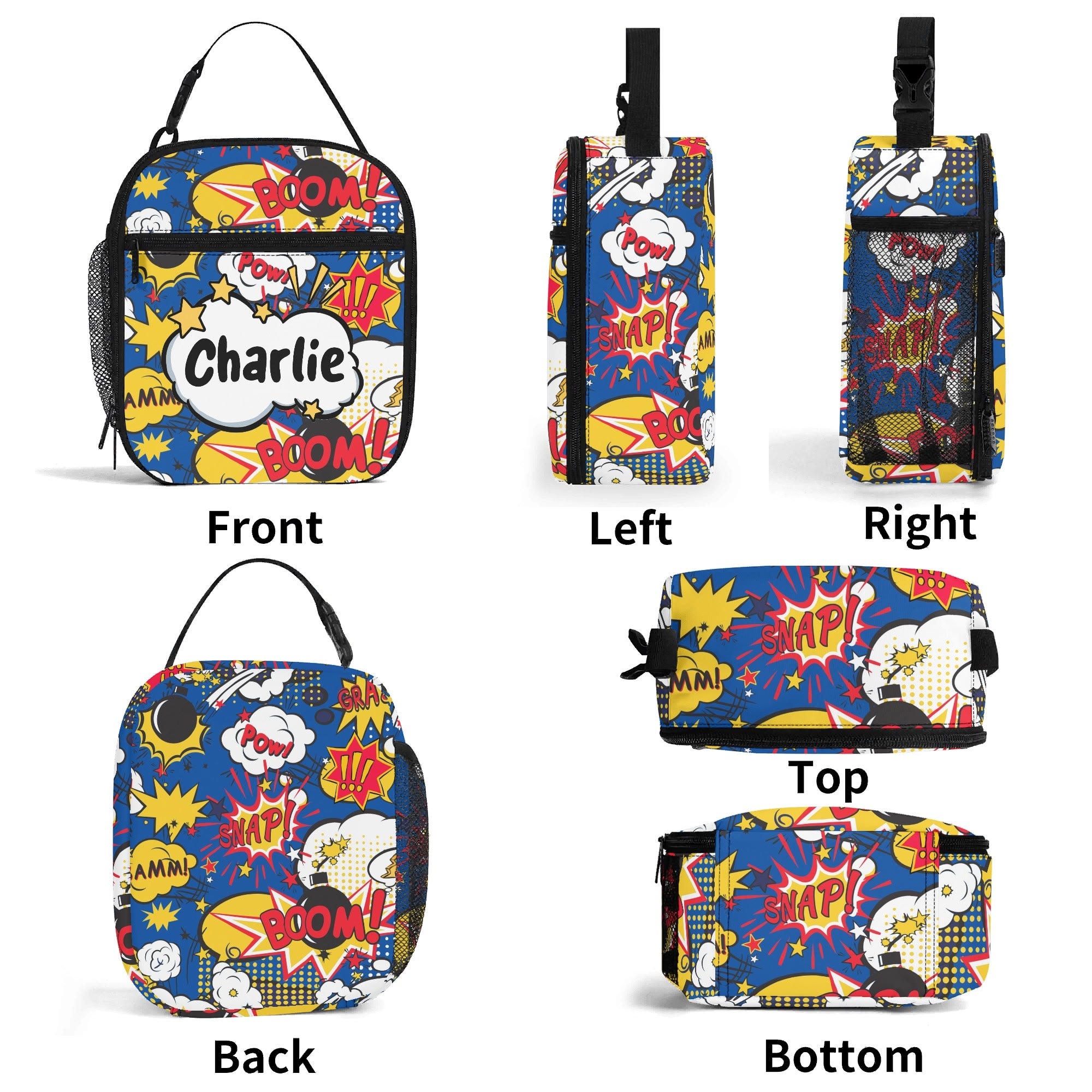 Personalised - Comic Book Blue - Insulated School Lunch Bag Personalised Lunch Bag Comic Printed Offshore