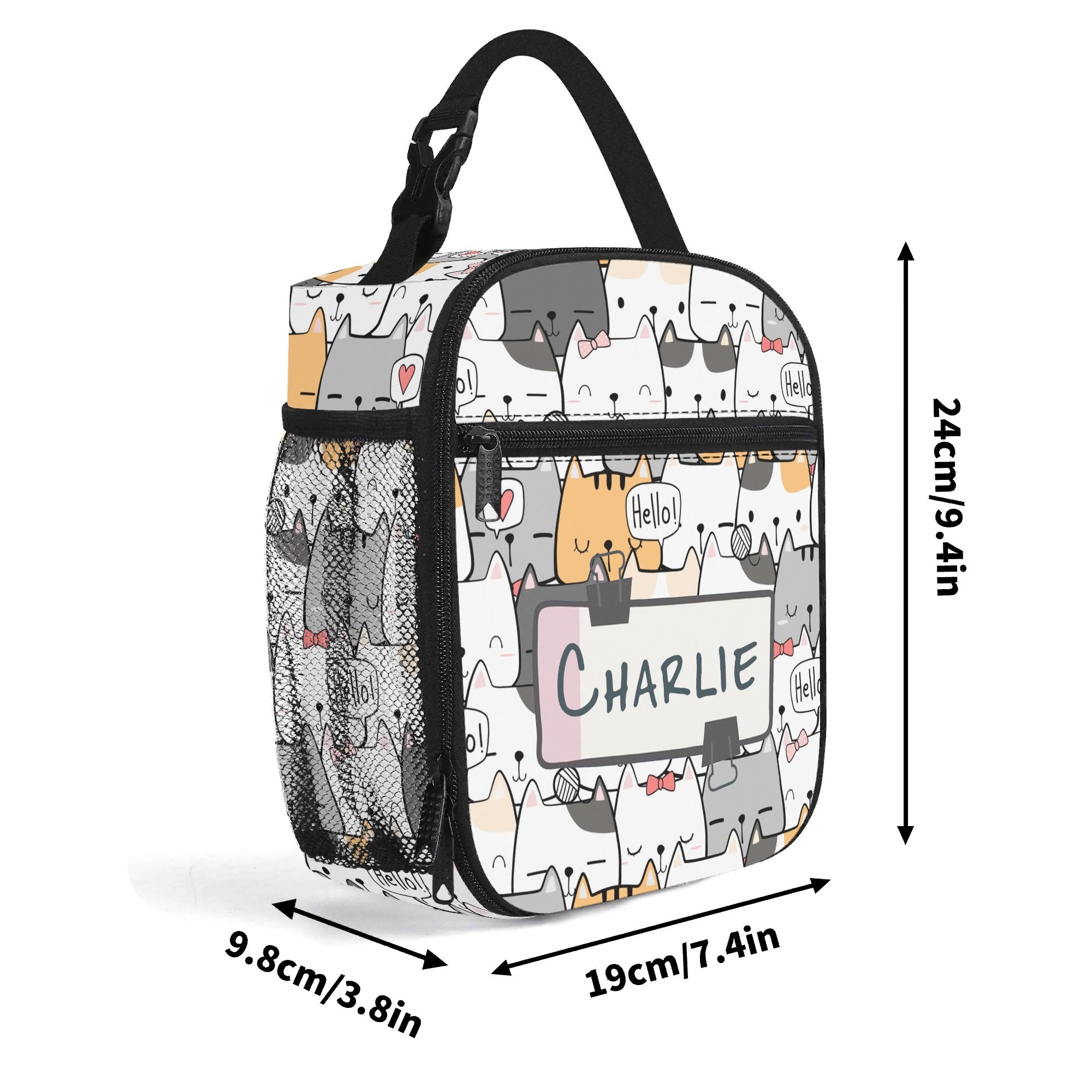 Personalised - Cat Hello - Insulated School Lunch Bag Personalised Lunch Bag animal Printed Offshore