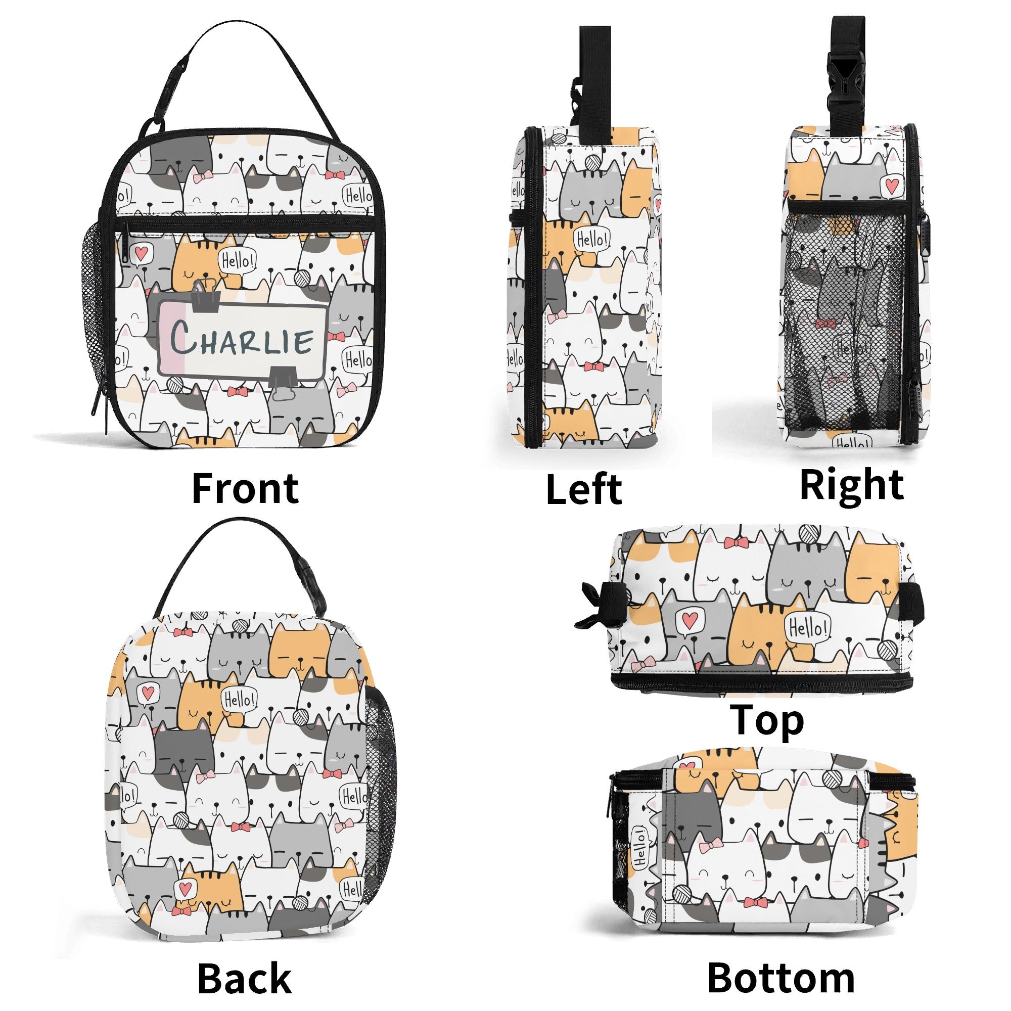 Personalised - Cat Hello - Insulated School Lunch Bag Personalised Lunch Bag animal Printed Offshore
