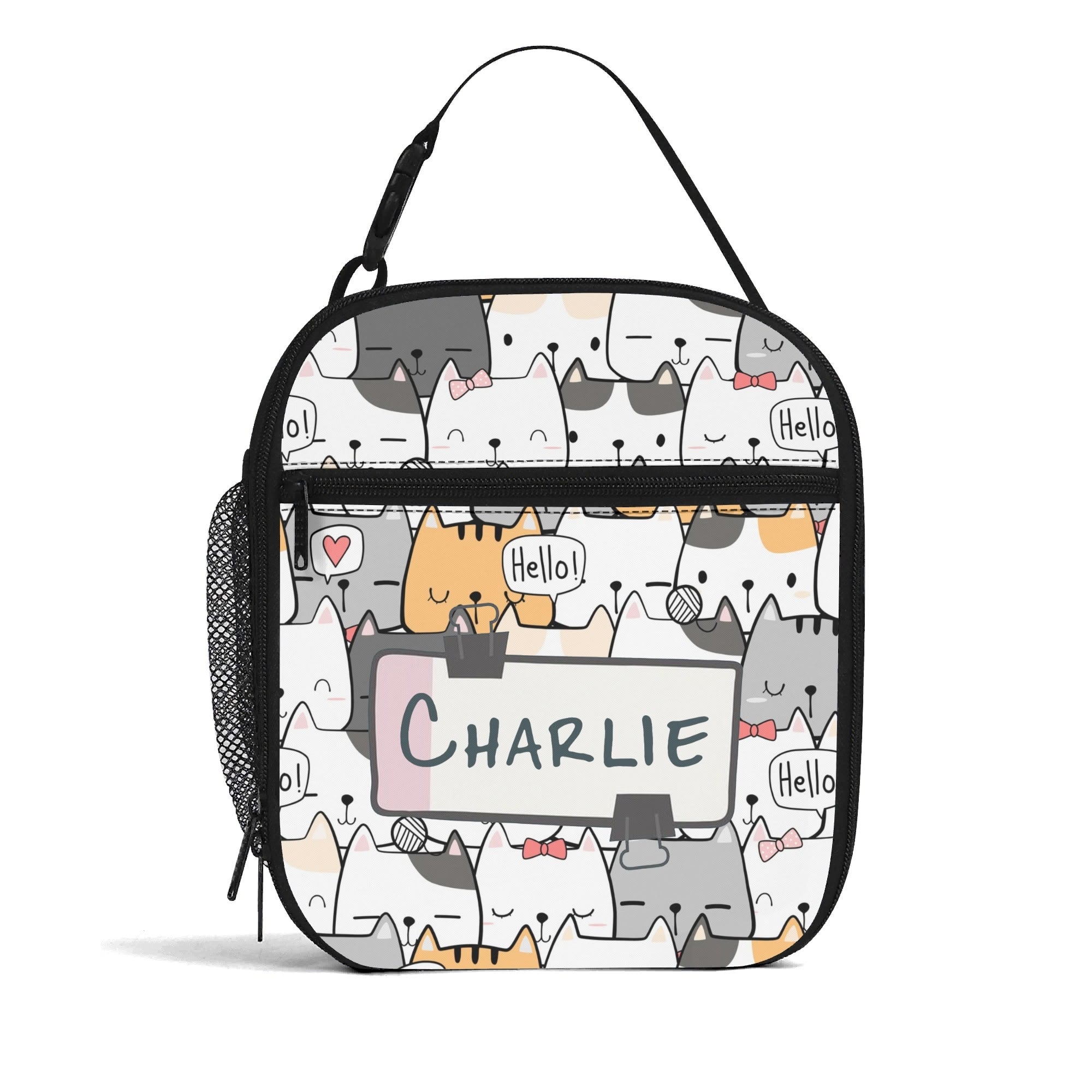 Personalised - Cat Hello - Insulated School Lunch Bag Personalised Lunch Bag animal Printed Offshore